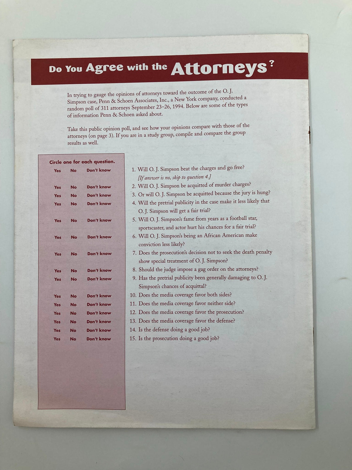Opinion poll sheet titled 'Do You Agree with the Attorneys?' from the magazine 'On Trial in California: The O.J. Simpson Case' by Anita R., containing questions gauging opinions on the O.J. Simpson trial.