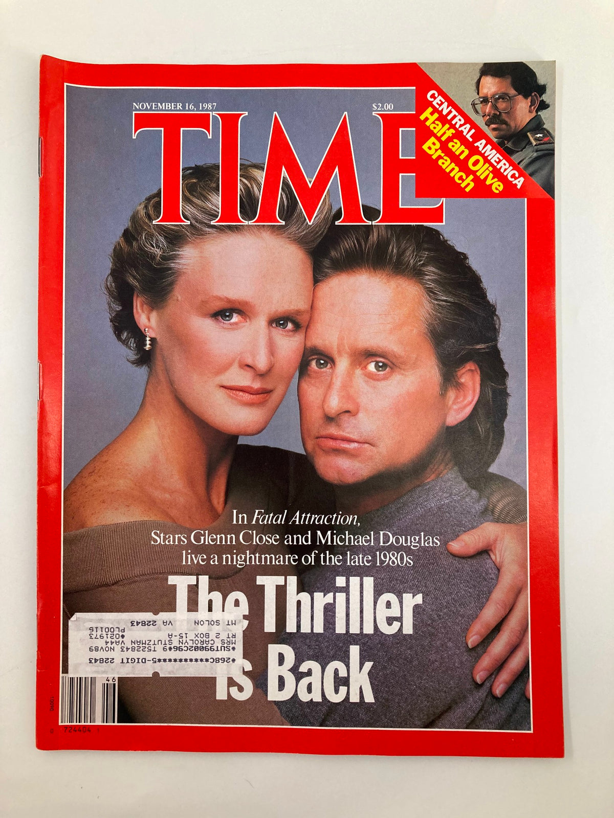 Time Magazine cover from November 16, 1987 featuring Glenn Close and Michael Douglas, showcasing their iconic roles in 'Fatal Attraction' with the caption 'The Thriller Is Back.' This vintage magazine highlights important pop culture from the late 1980s.