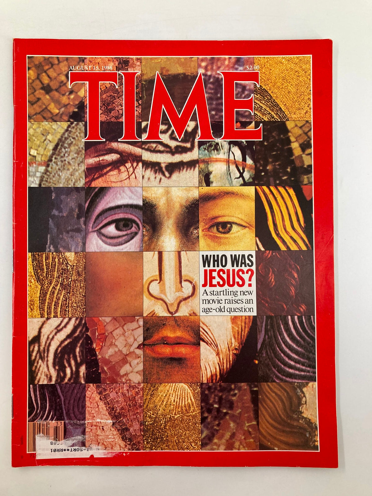 Vintage Time Magazine cover from August 15, 1988, featuring the title 'Who Was Jesus? A Startling New Movie,' showcasing a collage of artistic images related to the theme.