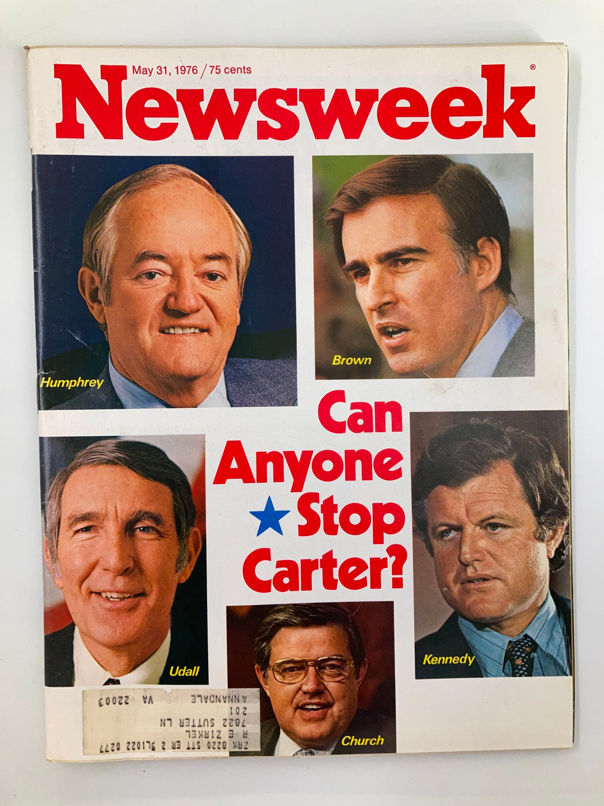 VTG Newsweek Magazine cover from May 31, 1976, featuring political figures including Hubert Humphrey, Ted Kennedy, and more, with the title 'Can Anyone Stop Carter?'