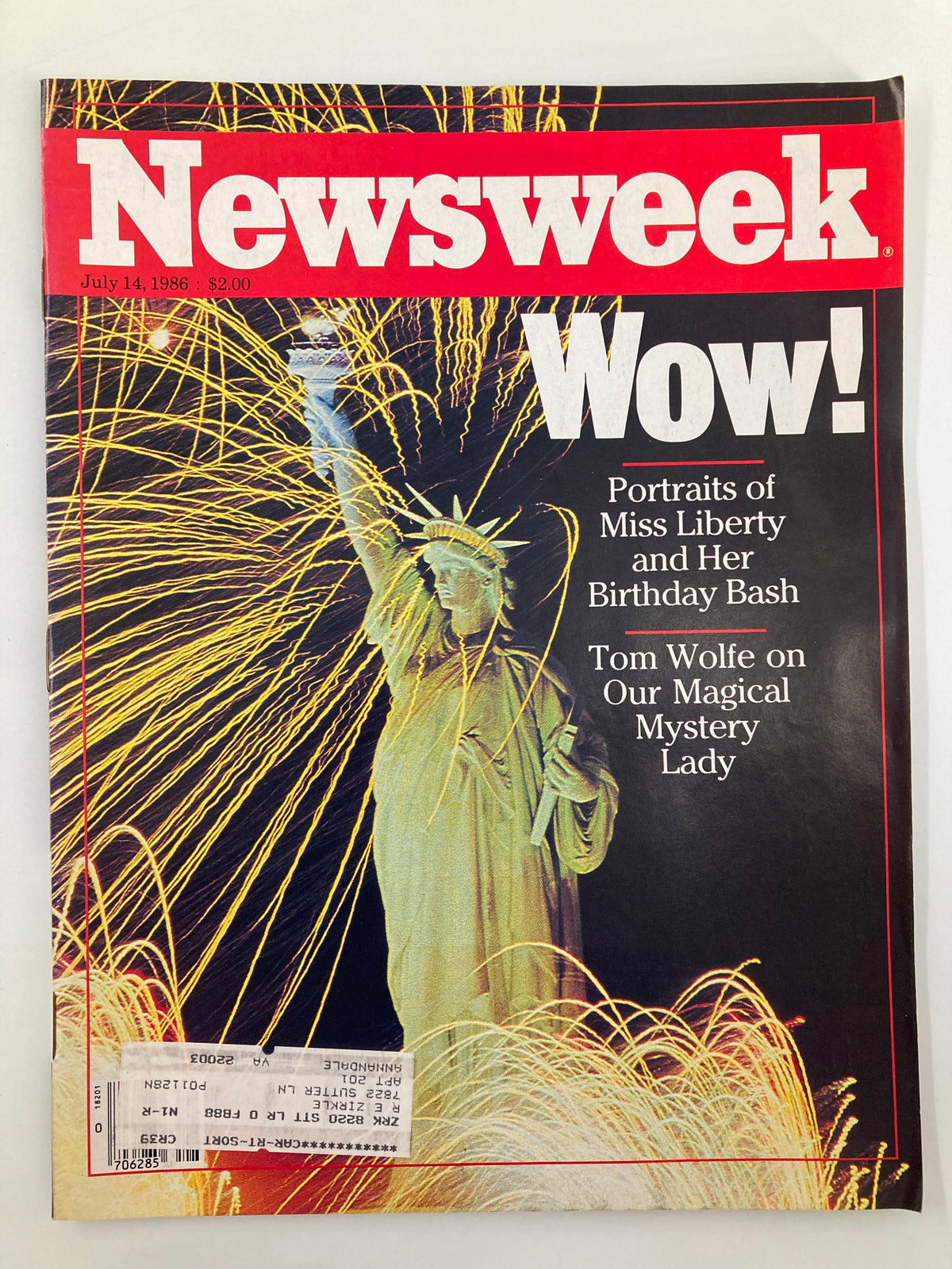 VTG Newsweek Magazine July 14 1986 featuring stunning cover art with the Statue of Liberty against a backdrop of fireworks and the headline 'Wow! Portraits of Miss Liberty and Her Birthday Bash'. A collectible magazine highlighting American culture and history.