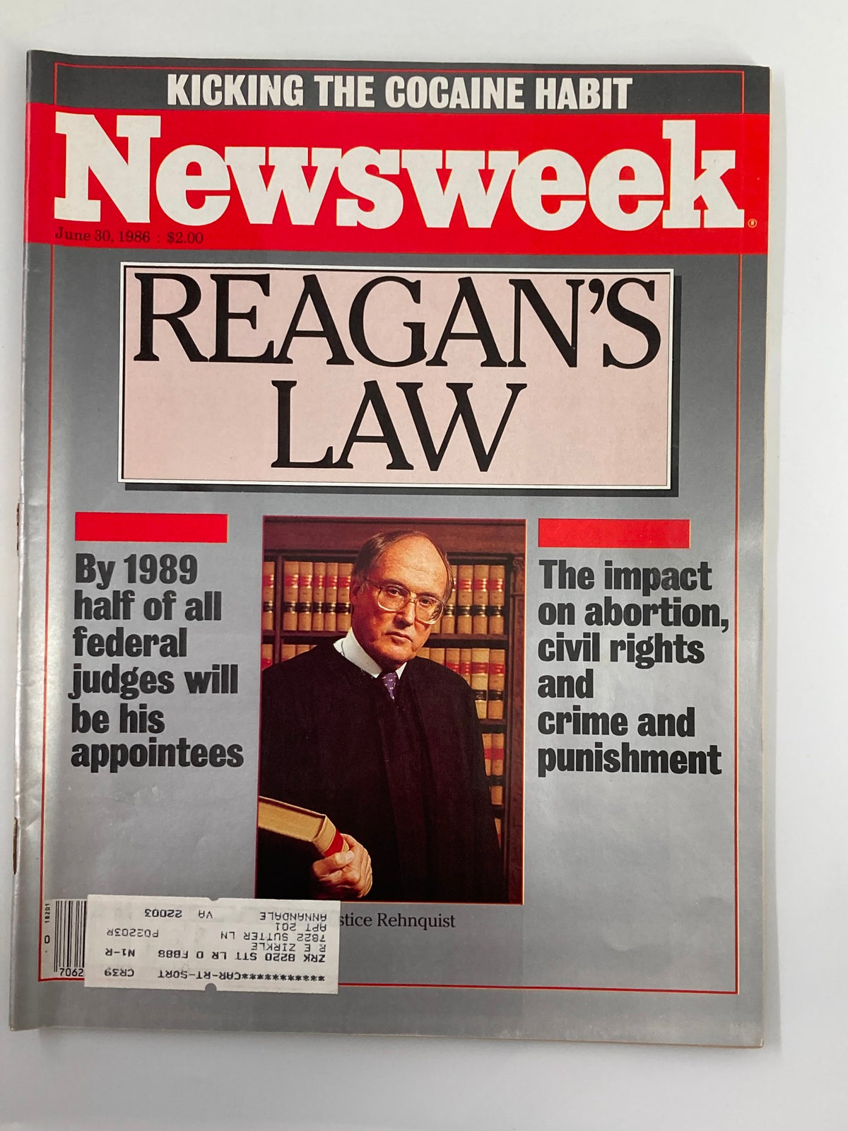 Cover of VTG Newsweek Magazine June 30, 1986 featuring 'Reagan's Law', discussing the impact of laws during Ronald Reagan's presidency and the cocaine habit crisis.