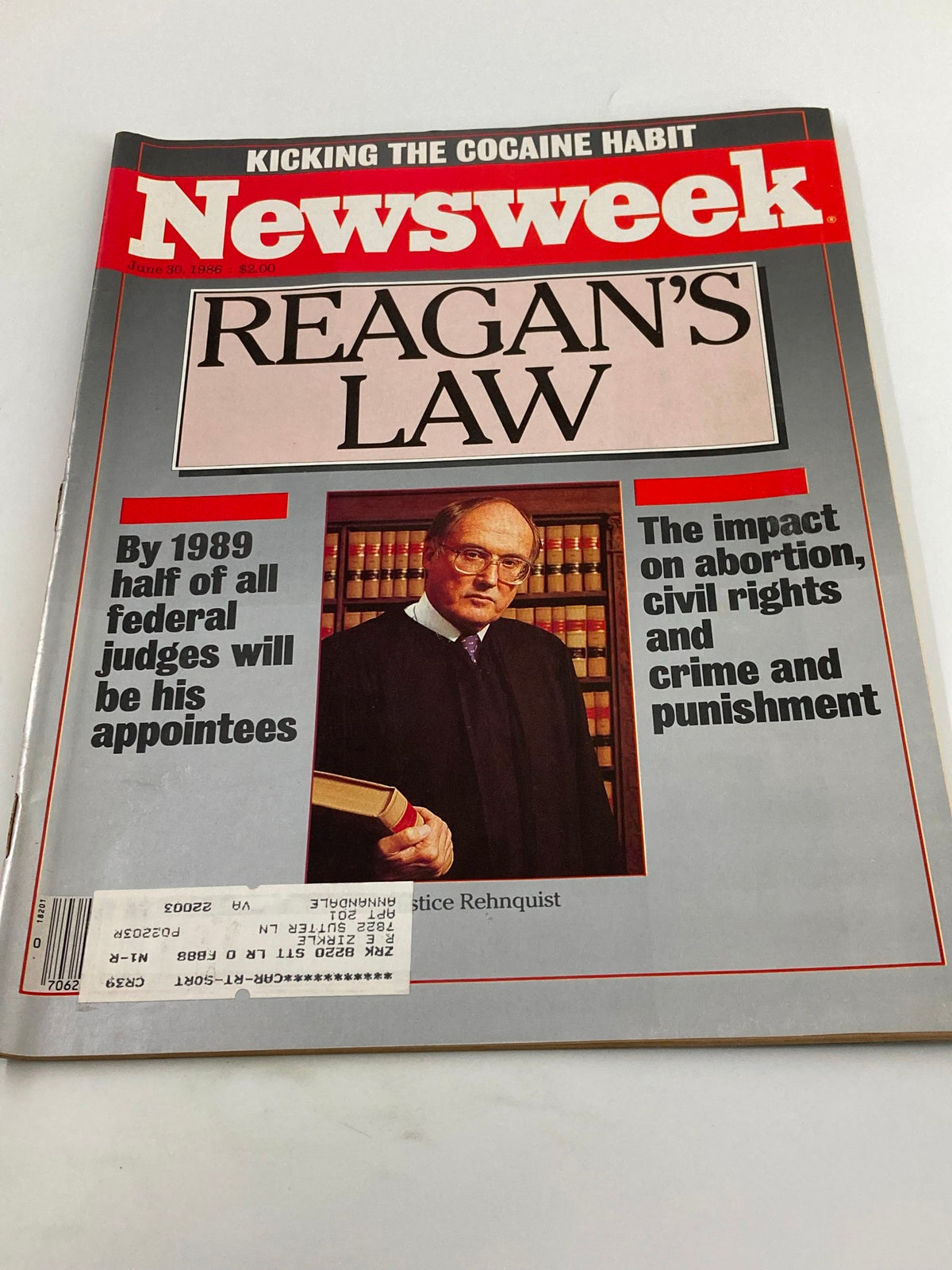 Front cover of VTG Newsweek Magazine June 30, 1986 highlighting 'Reagan's Law' and topics like abortion and civil rights alongside the espresso-themed cocaine habit.