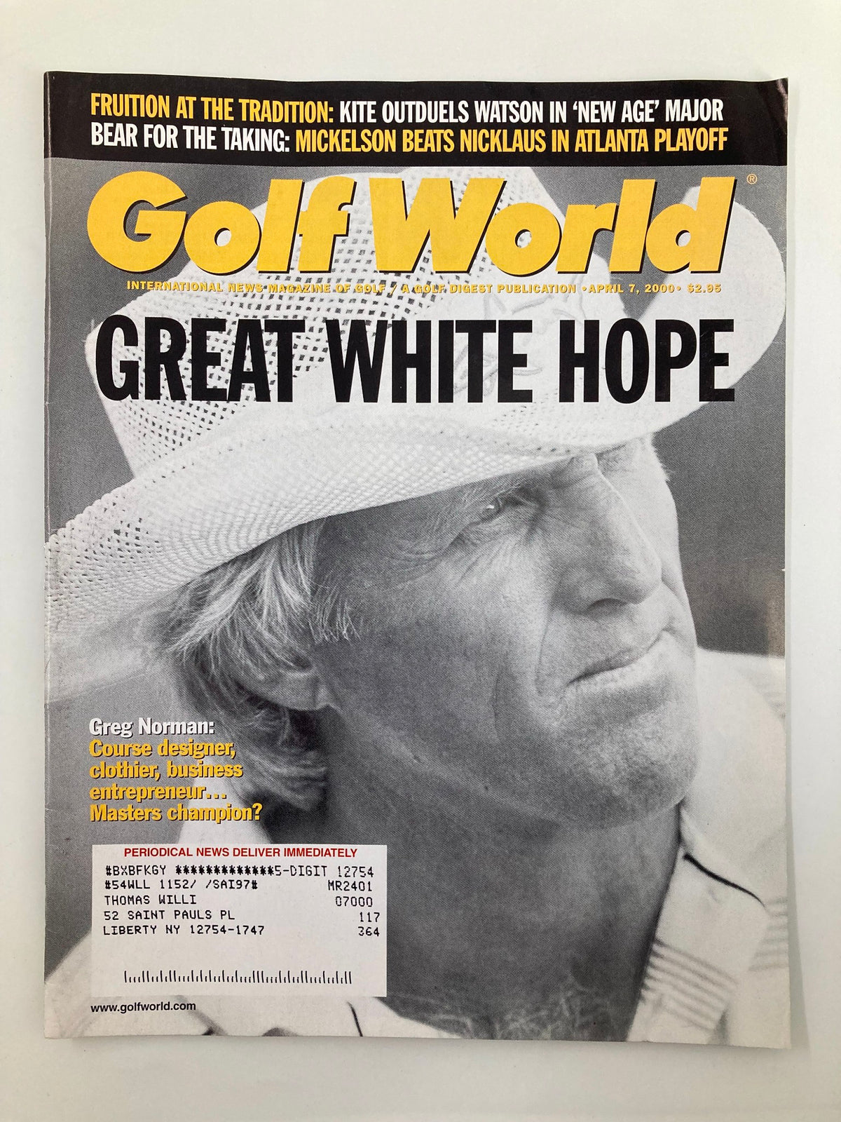 Cover of Golf World Magazine April 7, 2000, featuring the title 'Great White Hope' and a portrait of Greg Norman, renowned course designer and golfer.