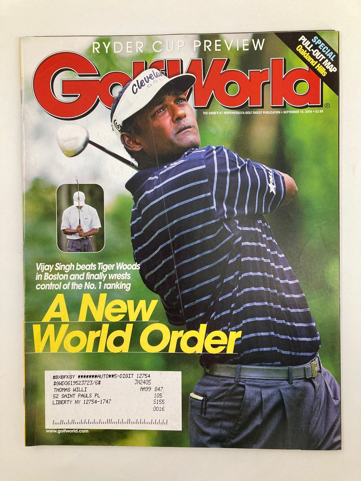 Cover of Golf World Magazine September 10, 2004, featuring Vijay Singh on the cover with the title 'A New World Order'. The image displays Singh in action on the golf course, highlighting his pivotal role in professional golf during the early 2000s.
