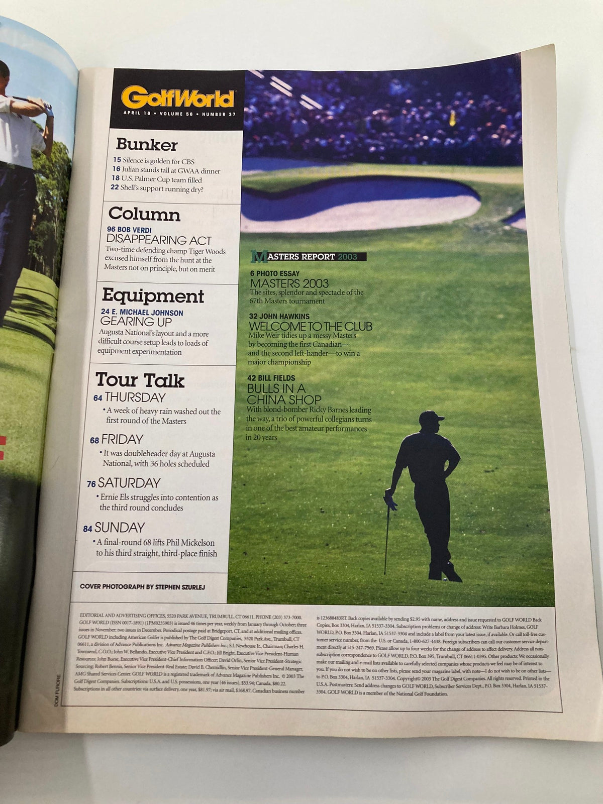 Inside page of Golf World Magazine, April 18, 2003, showcasing various sections including 'Bunker', 'Column', and a summary of the Masters 2003 event, highlighting Mike Weir's achievements.