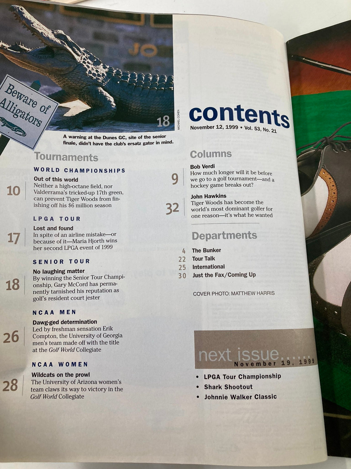 Table of contents from Golf World Magazine November 12, 1999, Volume 53, Issue 21, featuring sections on tournaments, columns, and upcoming events related to the sport, including the cover story on Tiger Woods titled 'A World of His Own'.