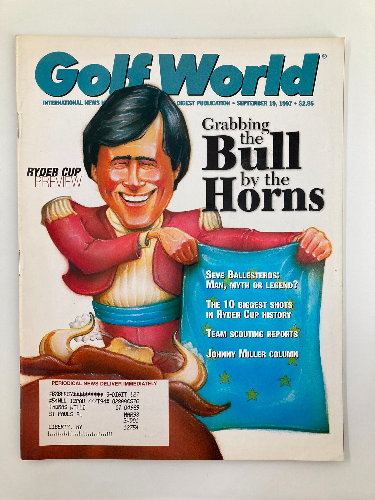 Cover of Golf World Magazine, September 19, 1997, Vol 51 #13, titled 'Grabbing the Bull by the Horns', featuring a caricature of a smiling golfer in colorful attire, highlighting Ryder Cup preview and articles about golfing legends.