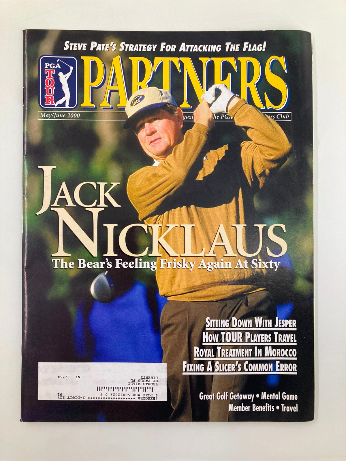 PGA Tour Partners magazine cover featuring Jack Nicklaus, May 2000 edition, titled 'Jack Nicklaus Feeling Frisky Again at Sixty', showcasing a photo of Nicklaus in action.
