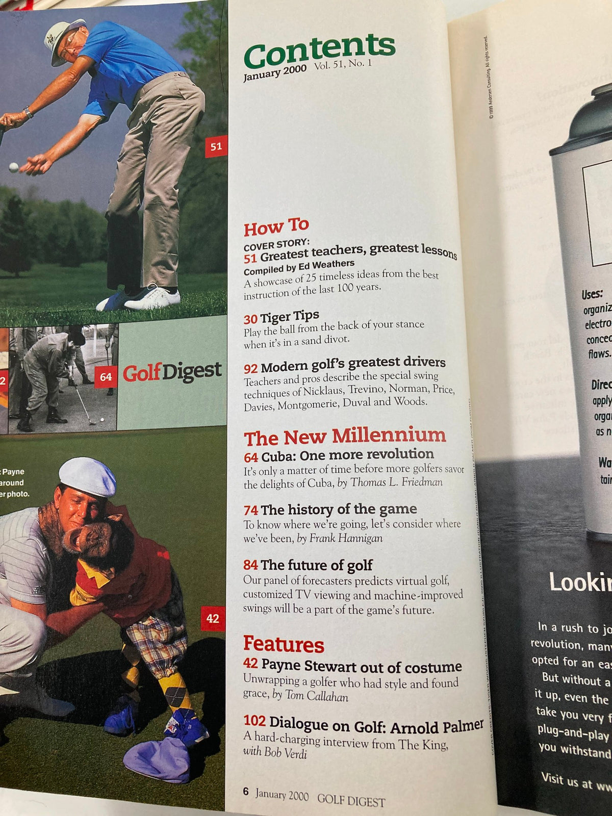 Contents page of Golf Digest Magazine January 2000 listing articles on golf teachers, features including Tiger Woods tips, and a dialogue with Arnold Palmer.