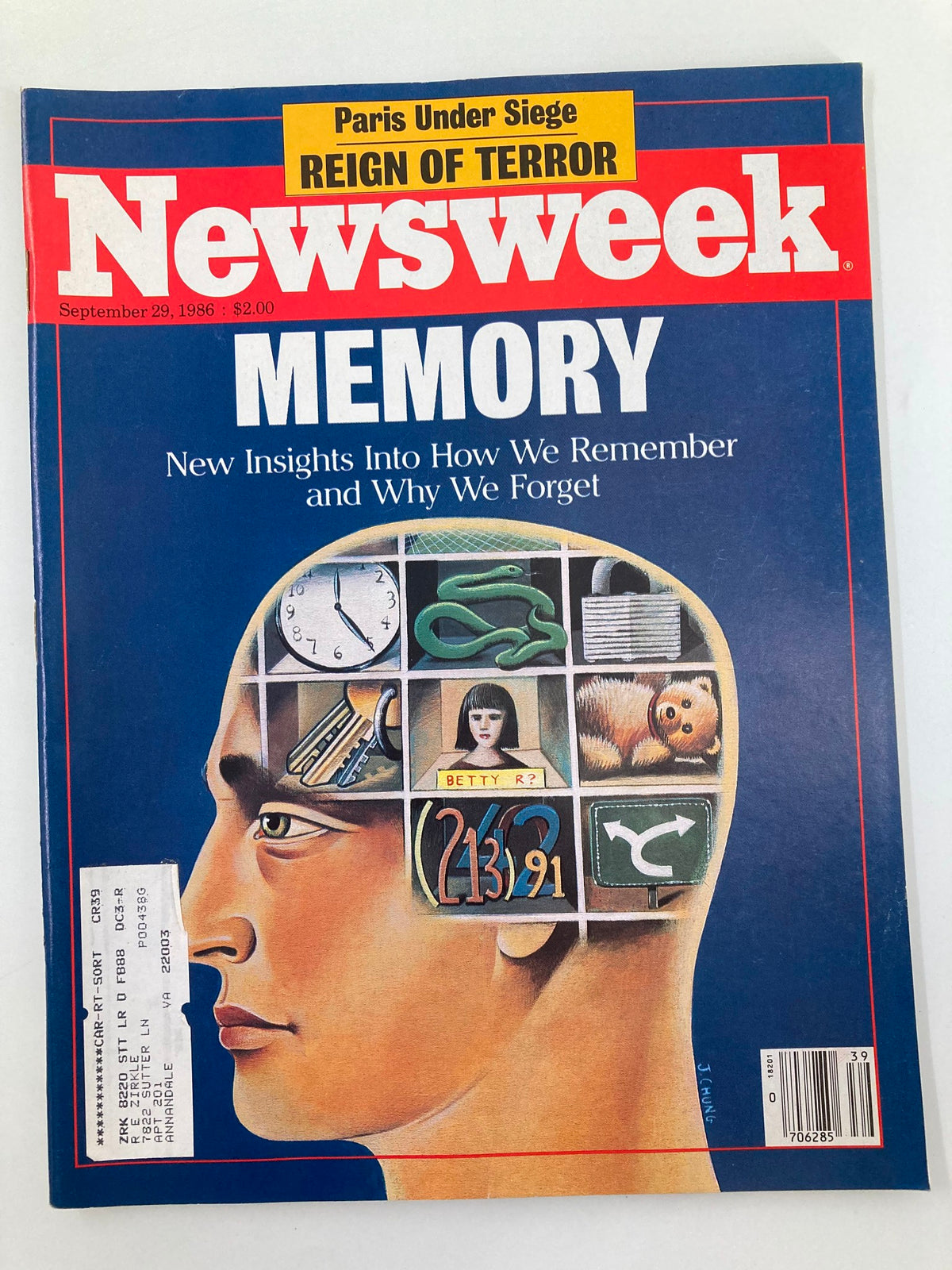 VTG Newsweek Magazine September 29 1986 featuring Paris Under Siege: Reign of Terror cover story with illustrations related to memory and cognition.