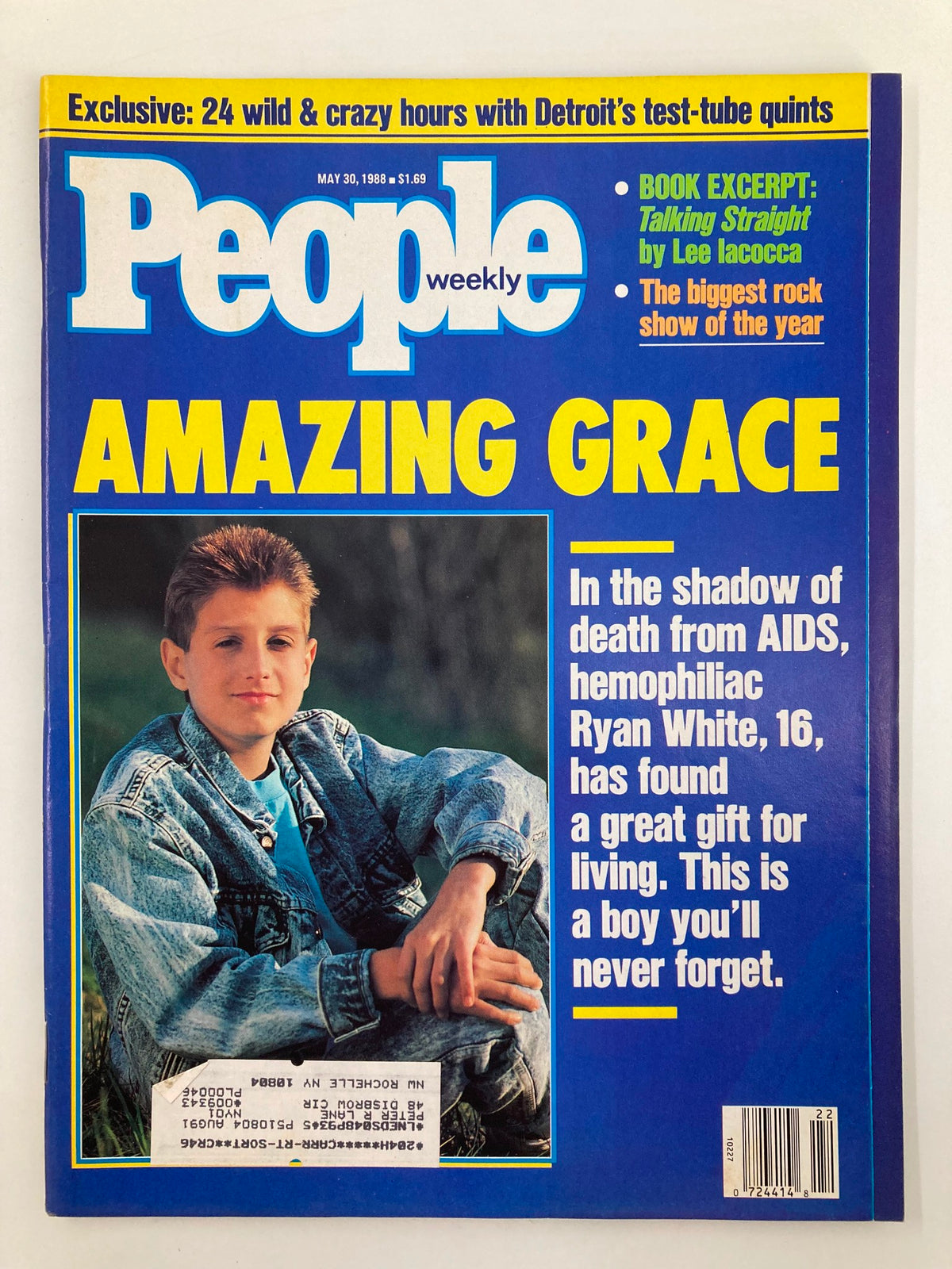 Cover of People Weekly Magazine from May 30, 1988, featuring the title 'Amazing Grace' and highlighting Ryan White, a 16-year-old hemophiliac who inspired many during his battle with AIDS. The magazine reflects cultural themes from the late 1980s.