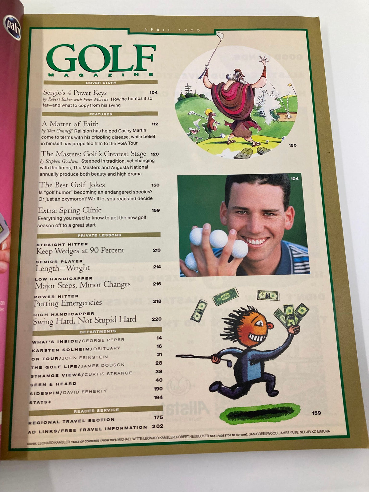 Inside page of Golf Magazine from April 2000, displaying the contents section including Sergio García's profile, featuring playful illustrations and articles relevant to golf techniques and lifestyle, complementing the title 'Turn on the Power: How Sergio Gets Big Distance - How You Can, Too.'