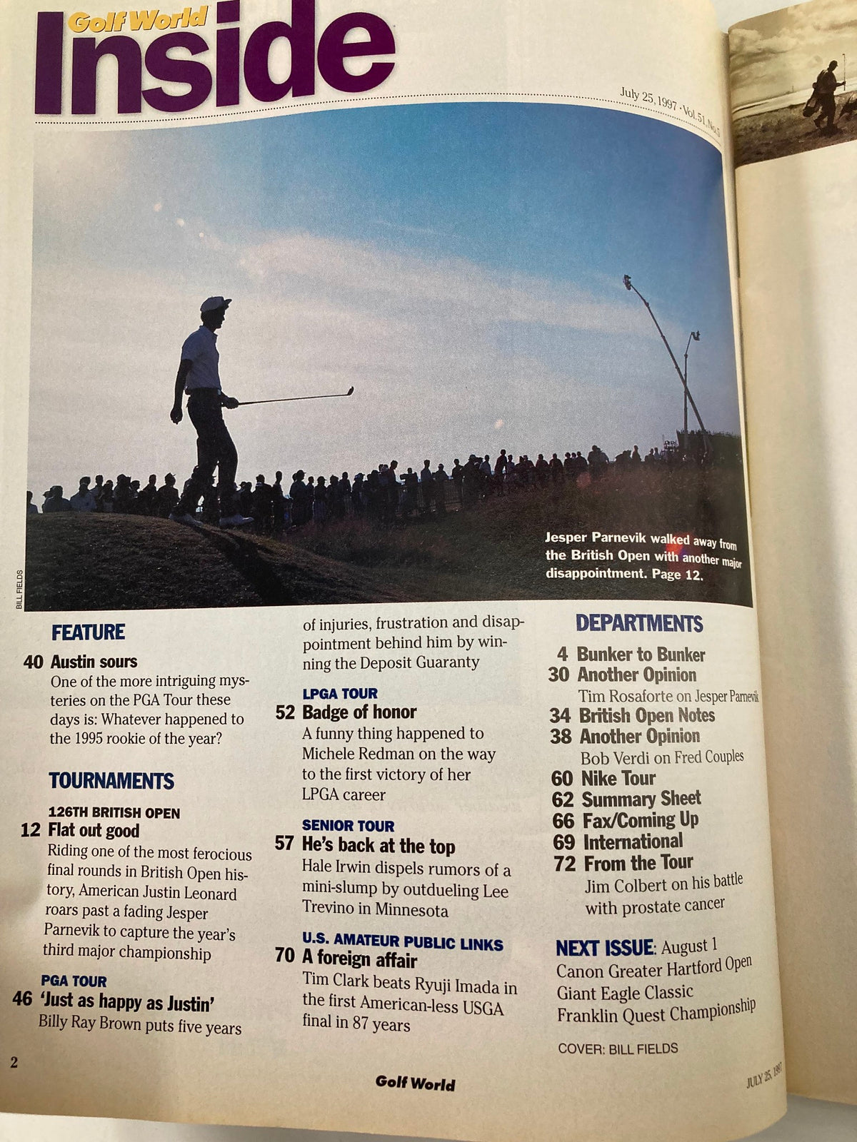 Inside page of Golf World Magazine dated July 25, 1997, highlighting articles about the 126th British Open, including a feature on Justin Leonard. It summarizes tournament details and other golfing events during that era.