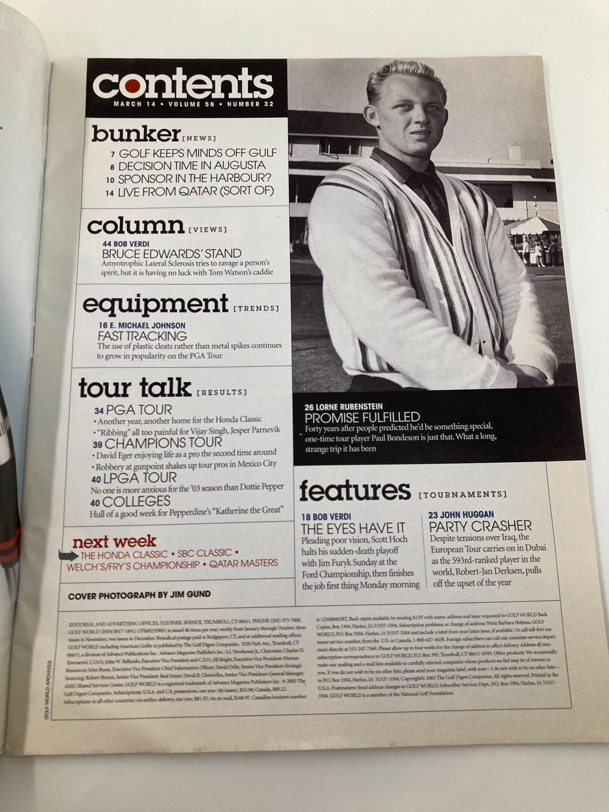 Contents page of Golf World Magazine, March 14, 2003, showcasing articles and features including insights on golf tournaments and interviews, accompanying the issue with Scott Hoch on the cover.