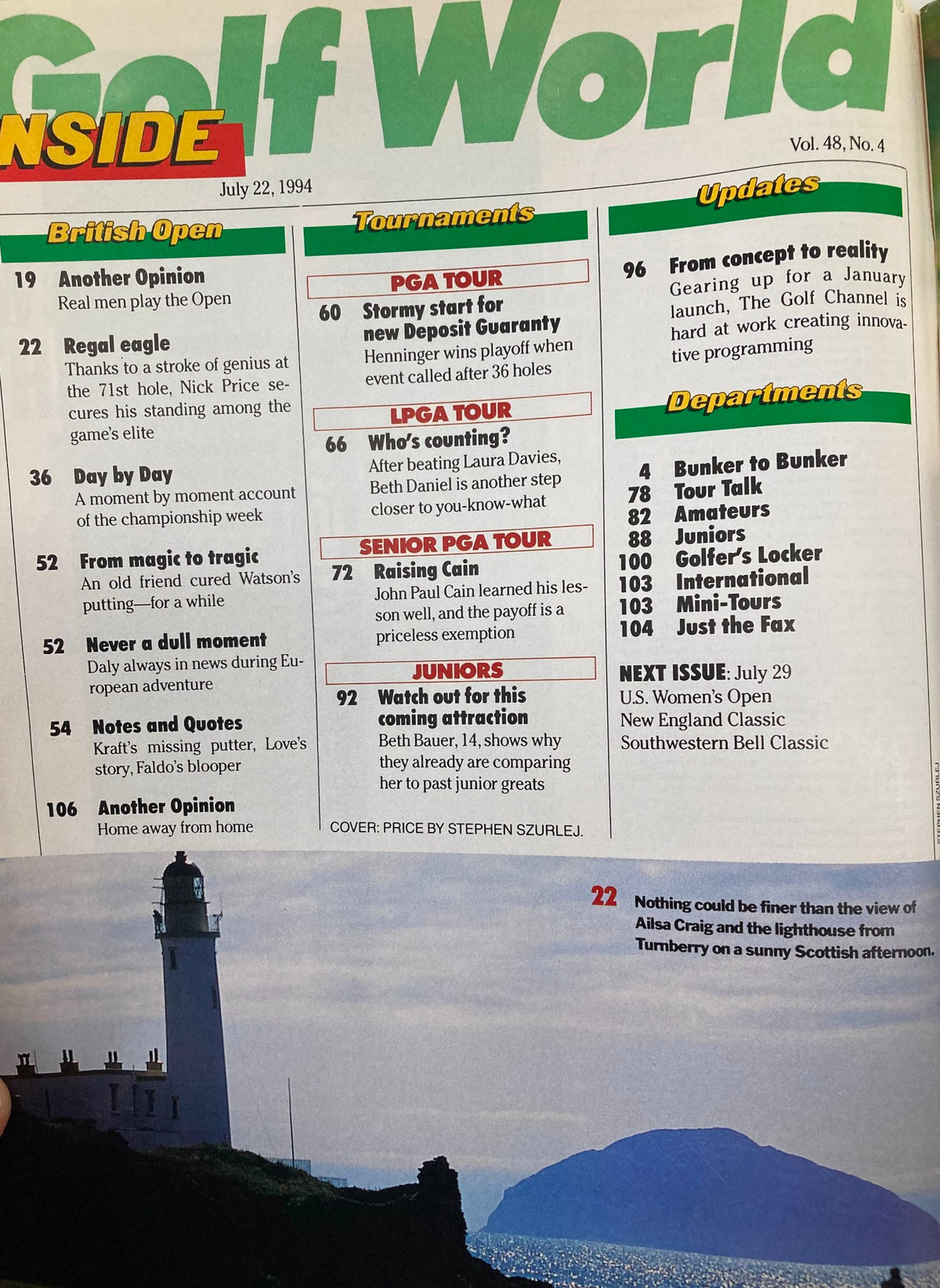 Inside page of Golf World Magazine July 22, 1994, highlighting various articles including 'Regal Eagle' and updates on golfing tournaments covers. Features a list of topics and sections relevant to the 1994 golf season.