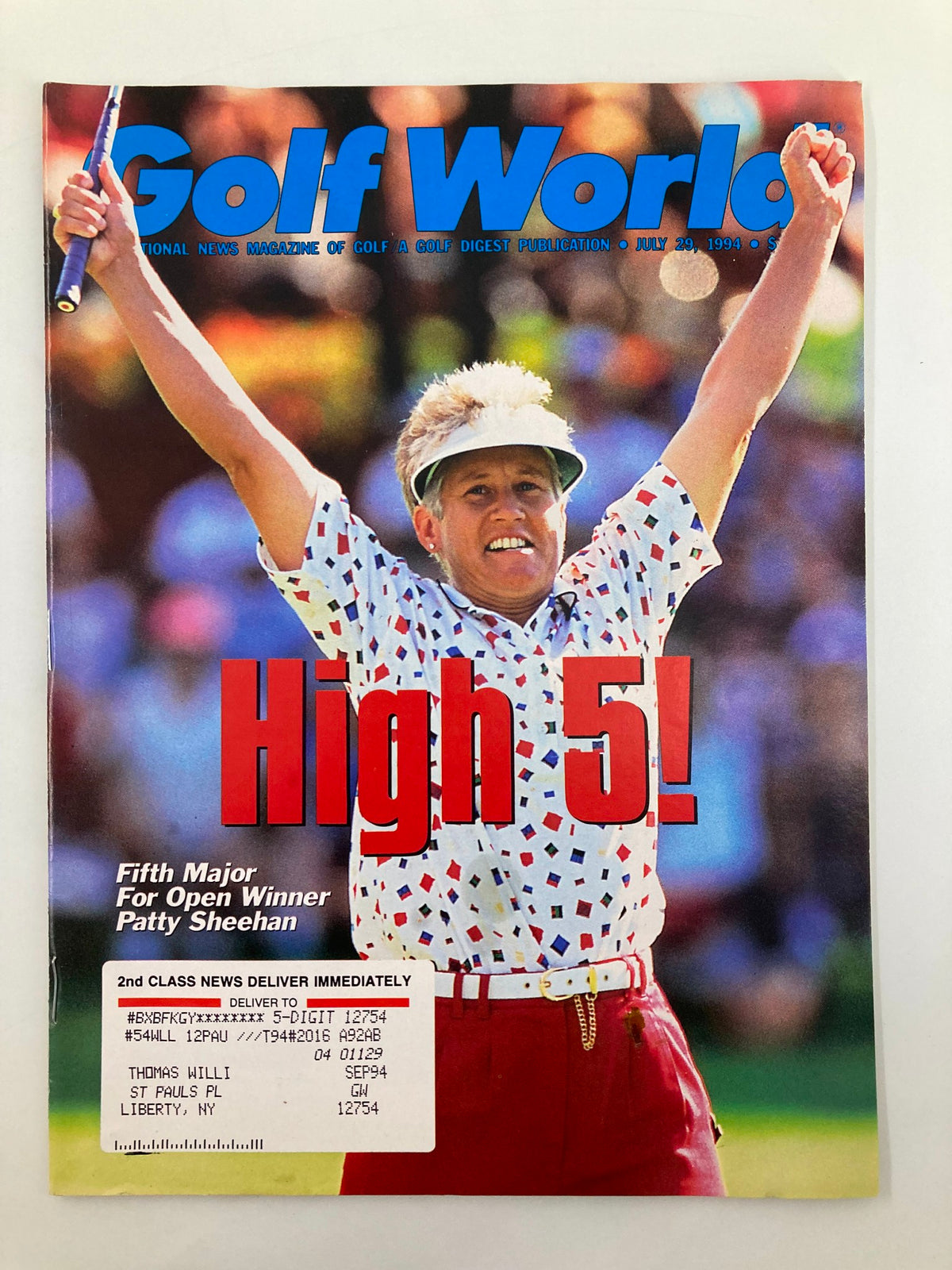 Cover of Golf World Magazine July 29, 1994, featuring the title 'High 5!' and celebrating Patty Sheehan, the Fifth Major for Open Winner, showcasing her victorious moment with raised hands.