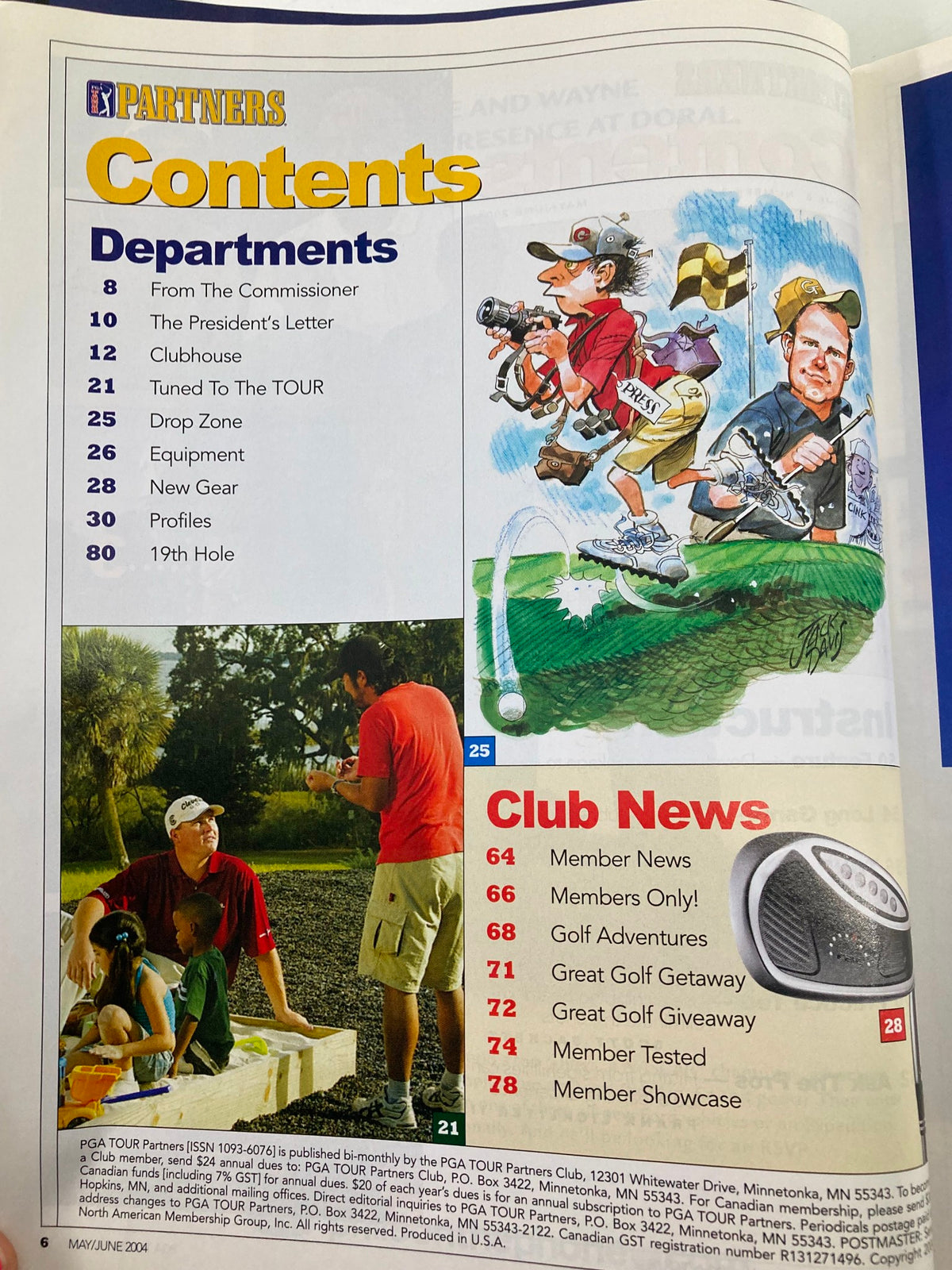 Contents page of the PGA Tour Partners May 2004 magazine, showcasing various sections such as 'Member News,' 'Club News,' and illustrations related to golf equipment and events.