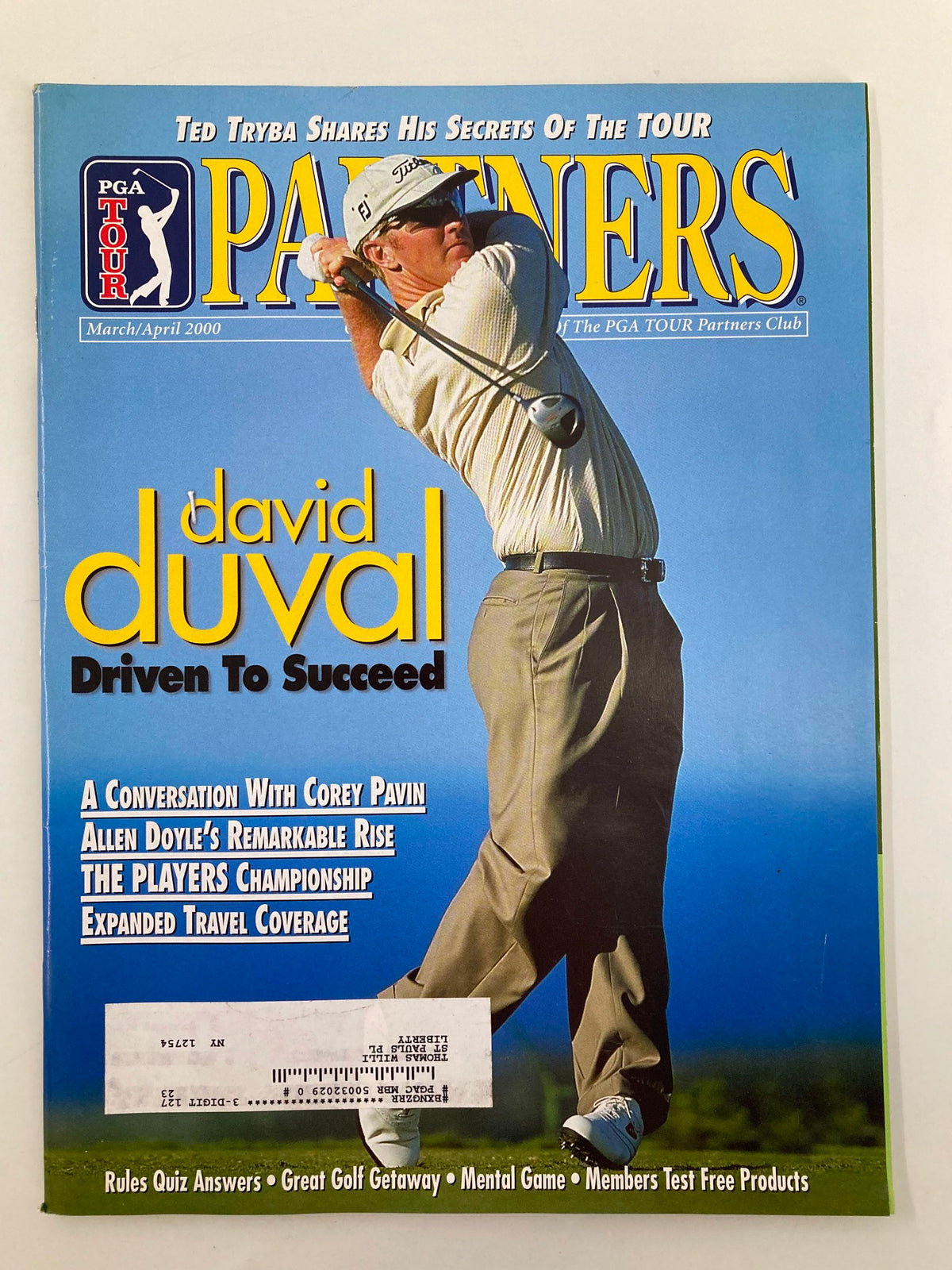 PGA Tour Partners March 2000 magazine cover featuring David Duval with the title 'Driven To Succeed'. Highlights include interviews and insights into iconic golfers.