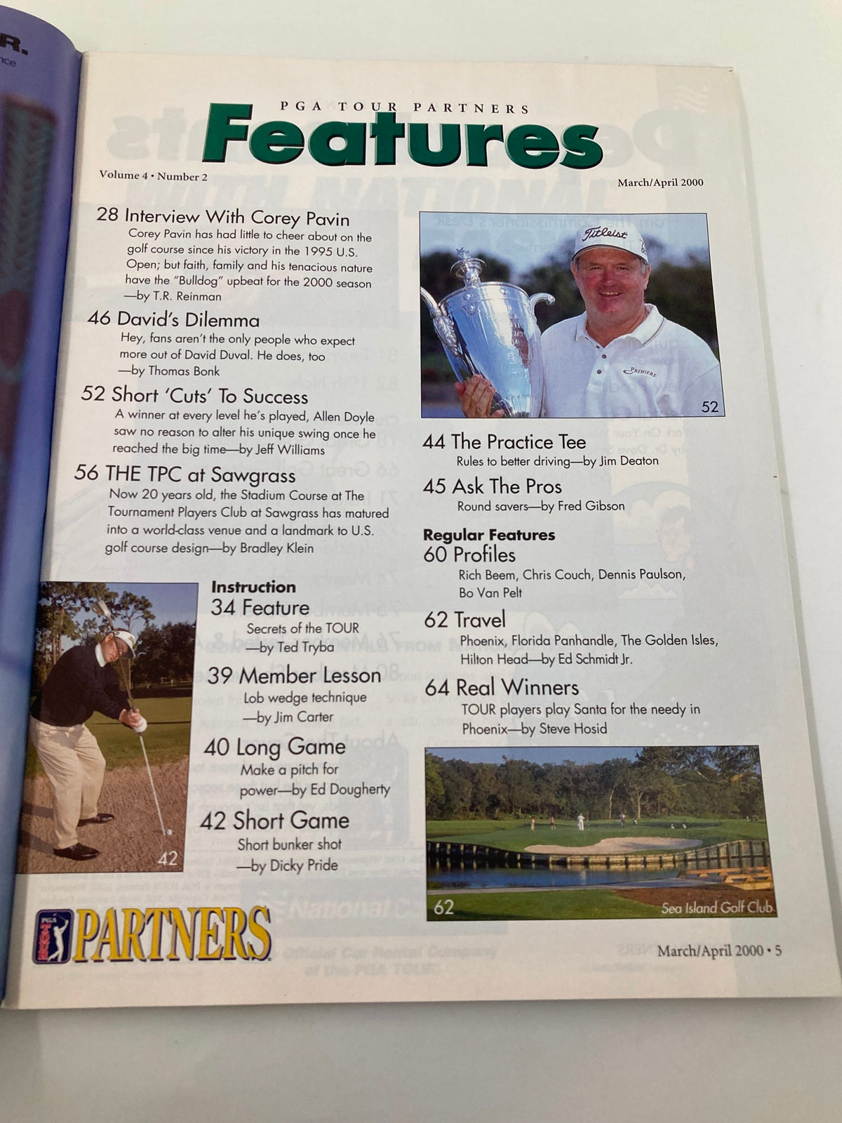 Contents page of PGA Tour Partners March 2000 showcasing features such as interviews and articles about David Duval and Allen Doyle.