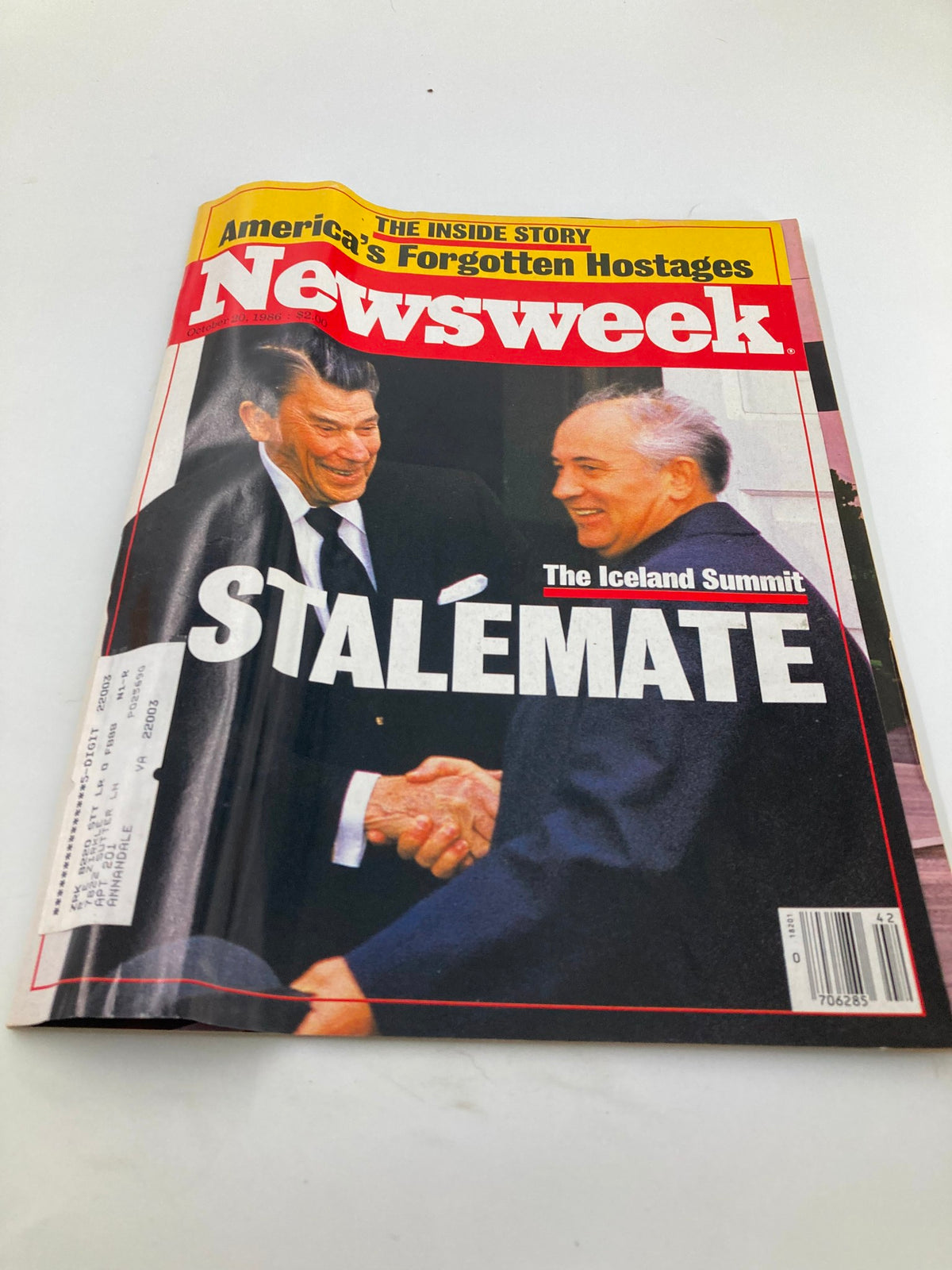 Cover of VTG Newsweek Magazine October 20 1986 featuring Ronald Reagan and Mikhail Gorbachev shaking hands, highlighting The Iceland Summit Stalemate.