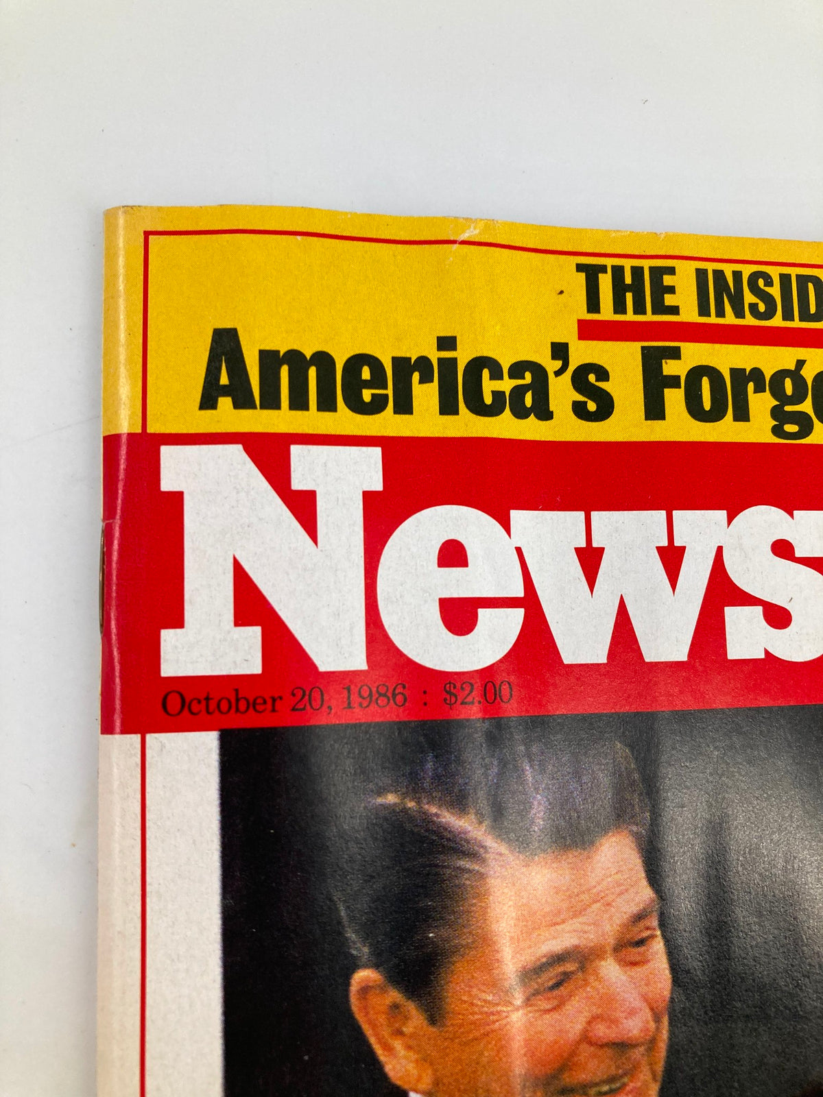Top section of VTG Newsweek Magazine October 20 1986 displaying the title and date, featuring a vintage cover with Ronald Reagan's image.