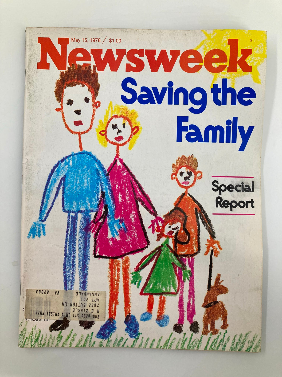 Cover of VTG Newsweek Magazine from May 15, 1978, titled 'Saving the Family', featuring a colorful, childlike drawing of a family with a dog.