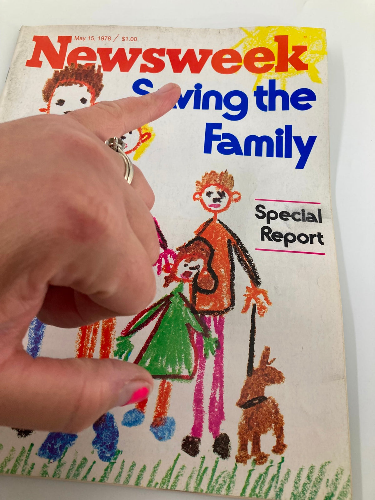 Close-up of the VTG Newsweek Magazine cover from May 15, 1978, showing the title 'Saving the Family' with a finger pointing at it, highlighting the magazine's unique artwork.