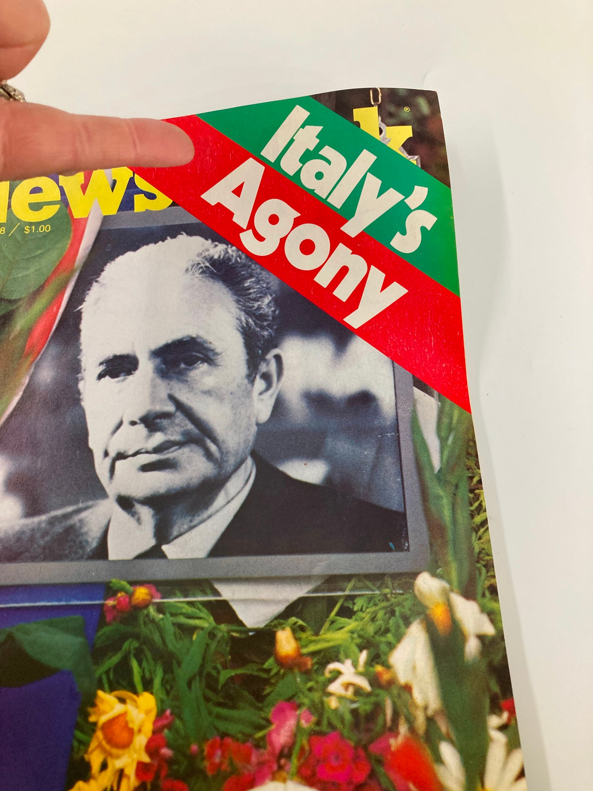 Close-up of vintage Newsweek magazine cover from May 22, 1978, showcasing the headline 'Italy's Agony' along with a photo of Aldo Moro, symbolizing the political turmoil in Italy.