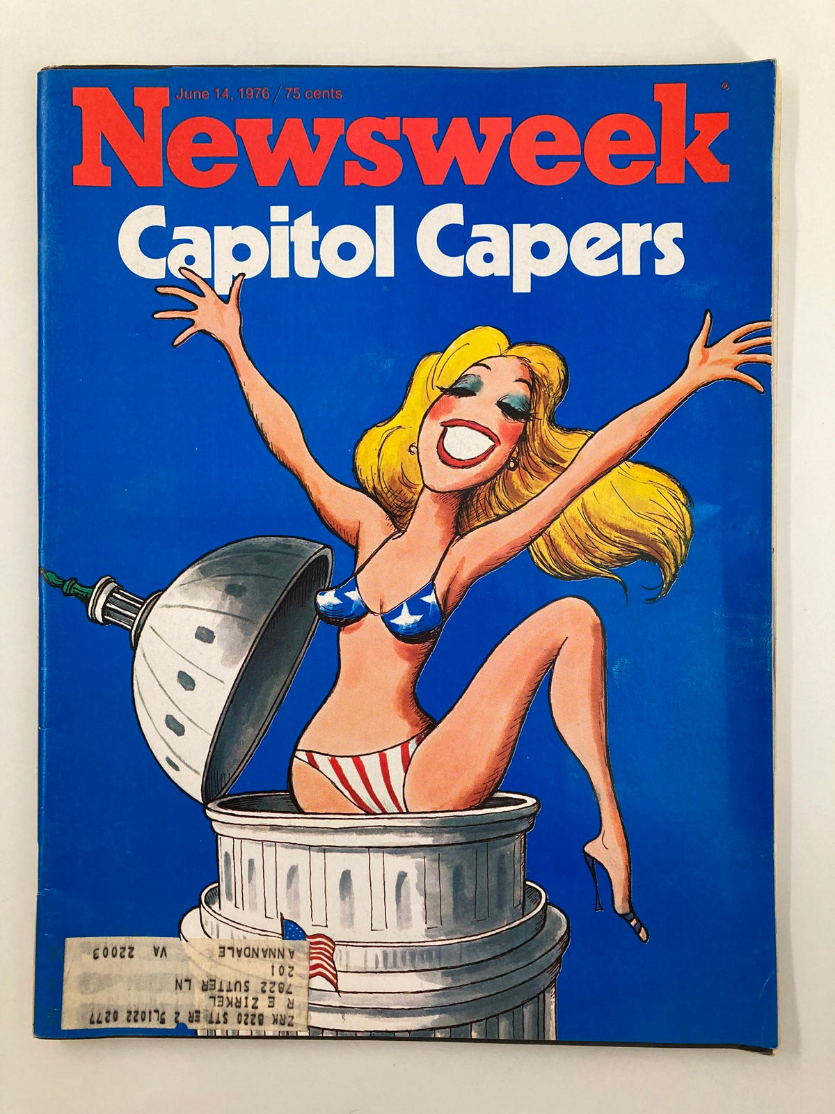 VTG Newsweek Magazine June 14 1976 featuring the cover story 'Capitol Capers' with a colorful illustration of a woman in a patriotic bikini, embodying the playful spirit of 1970s American culture. This vintage magazine showcases a unique moment in political history.