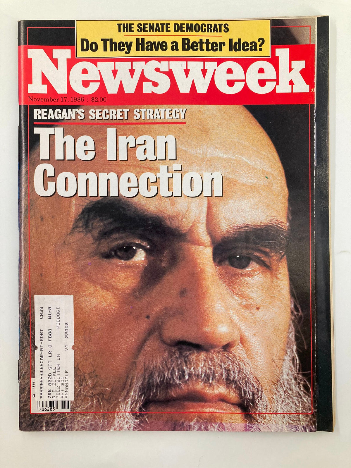 VTG Newsweek Magazine November 17 1986 featuring the cover story on Ronald Reagan's secret strategy, with a close-up image of a man with a beard, emphasizing the Iran connection theme.