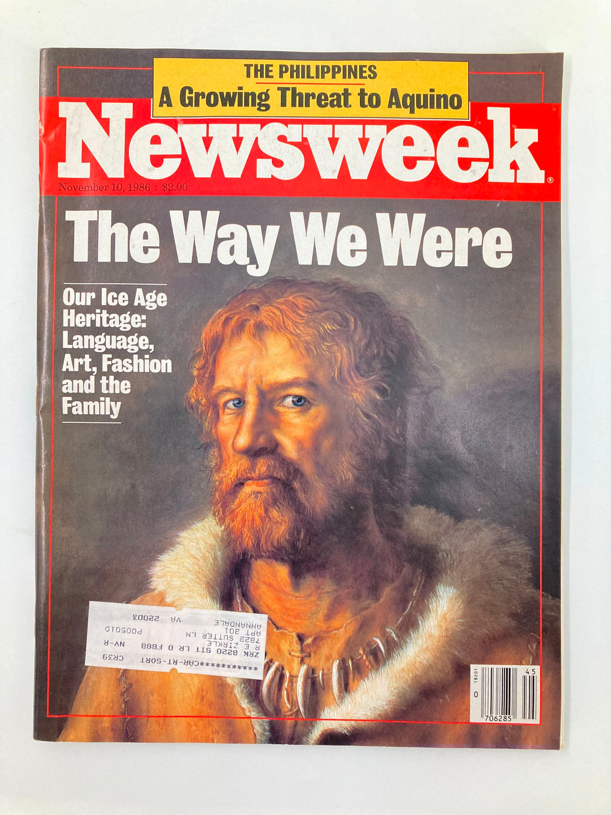 Cover of VTG Newsweek Magazine from November 10, 1986, featuring the title 'A Growing Threat to Aquino' alongside an image titled 'The Way We Were', highlighting the issue's focus on Philippine politics and history.