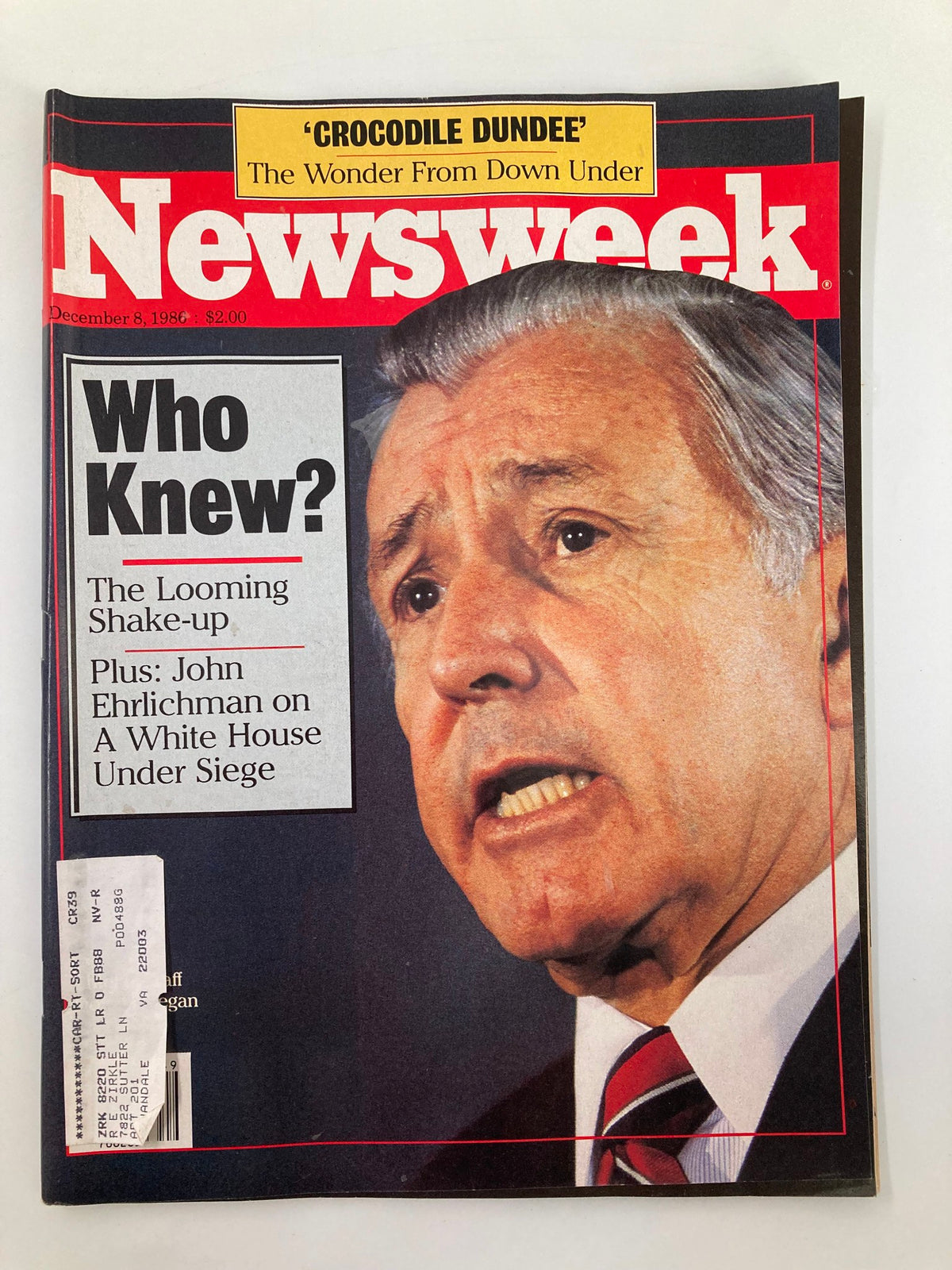 Cover of VTG Newsweek Magazine December 8 1986 featuring a dramatic image and the title 'Who Knew? The Looming Shake-up' alongside a feature on John Ehrlichman and 'A White House Under Siege'.