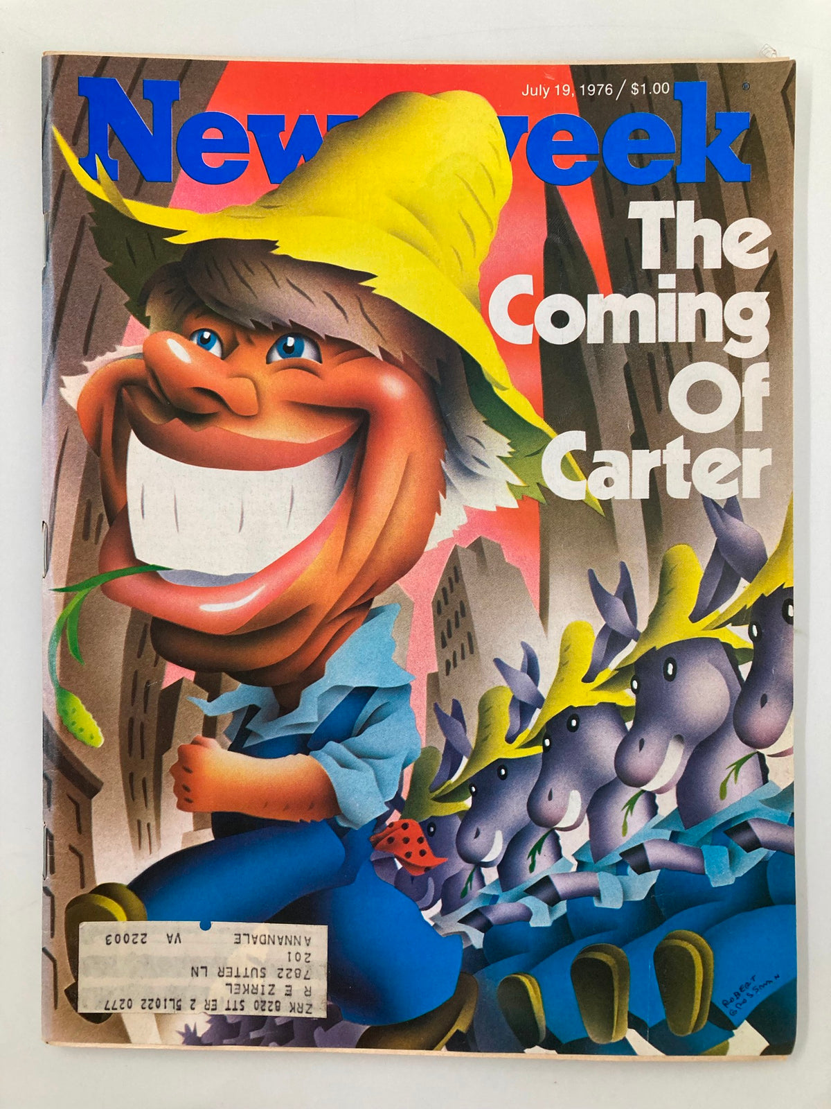Cover of Newsweek Magazine from July 19, 1976, titled 'The Coming of Jimmy Carter' featuring a vibrant illustration of a smiling man in a yellow hat with animated donkeys.