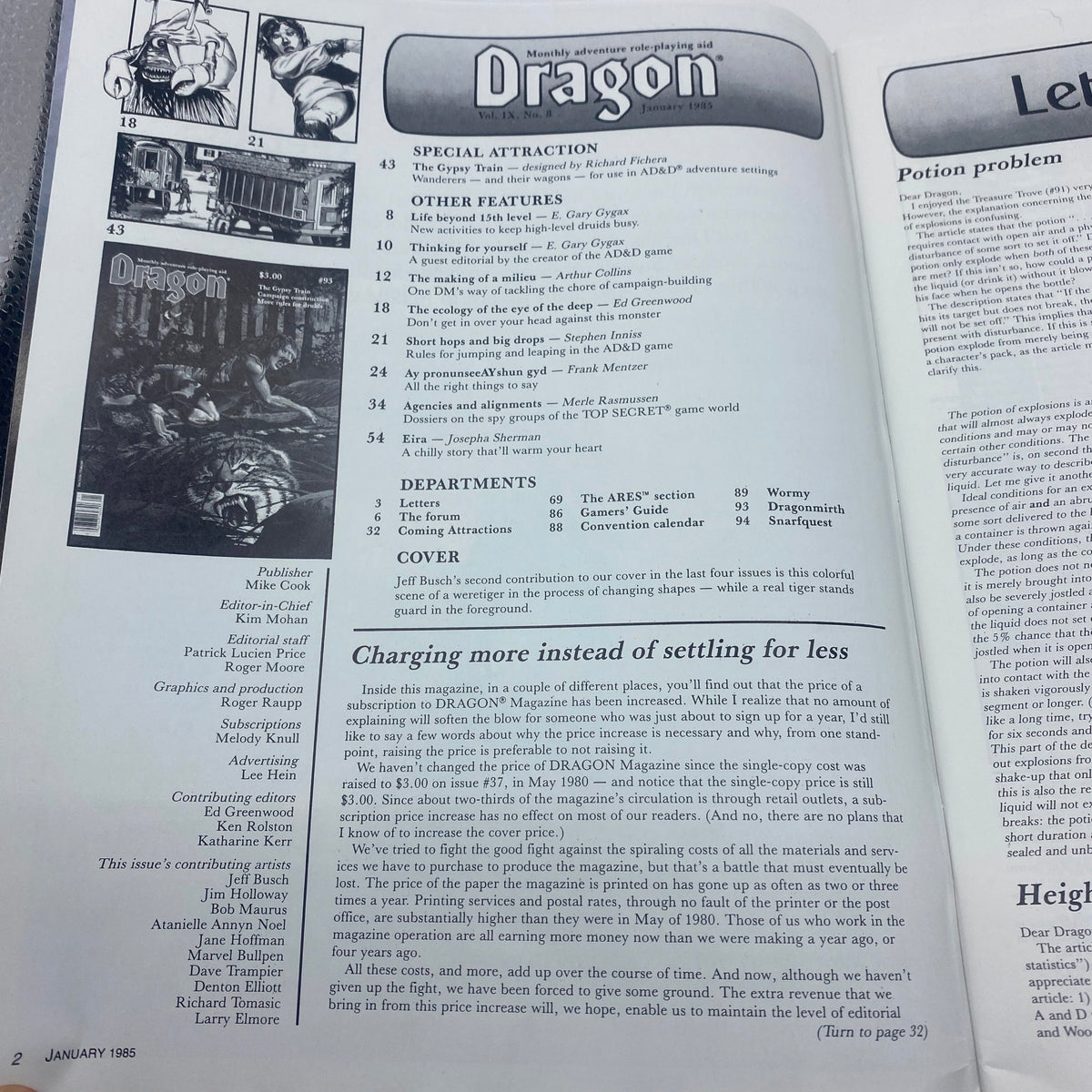 Inside page of VTG Dragon Magazine January 1985 #93, displaying the table of contents, with features on role-playing game strategies, including insights about the cover art by Jeff Busch.