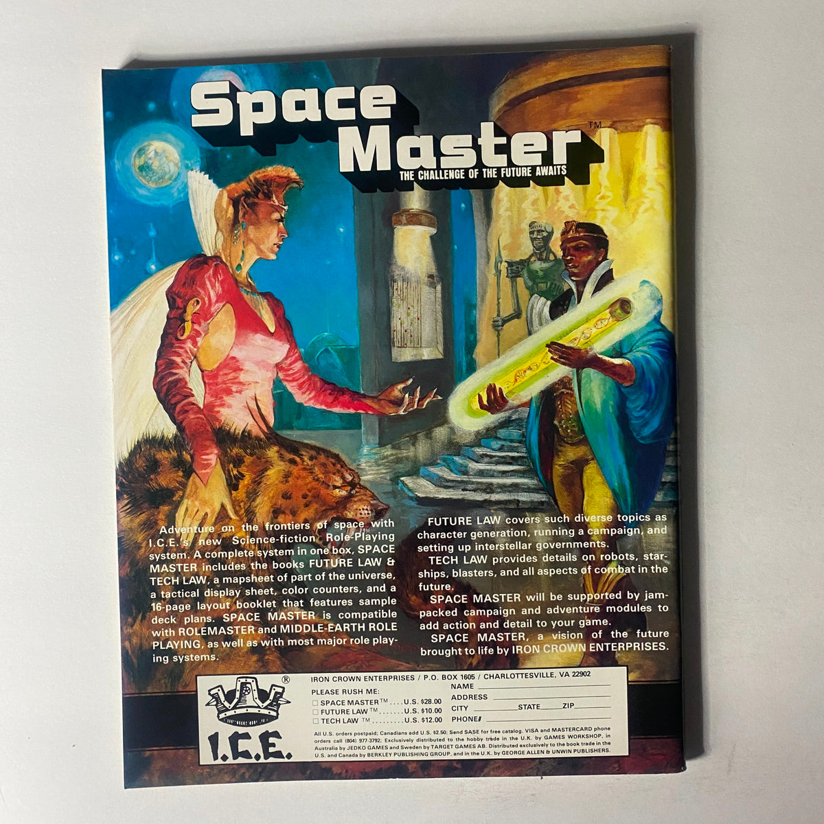 Back cover of the VTG Dragon Magazine August 1985 Issue #100 featuring 'Space Master: The Challenge of the Future Awaits'. The image showcases an engaging science fiction scene with a woman in a red costume and a man interacting with a futuristic object, alongside text that outlines gaming topics. This collectible magazine cover emphasizes the role-playing game culture of the mid-1980s.