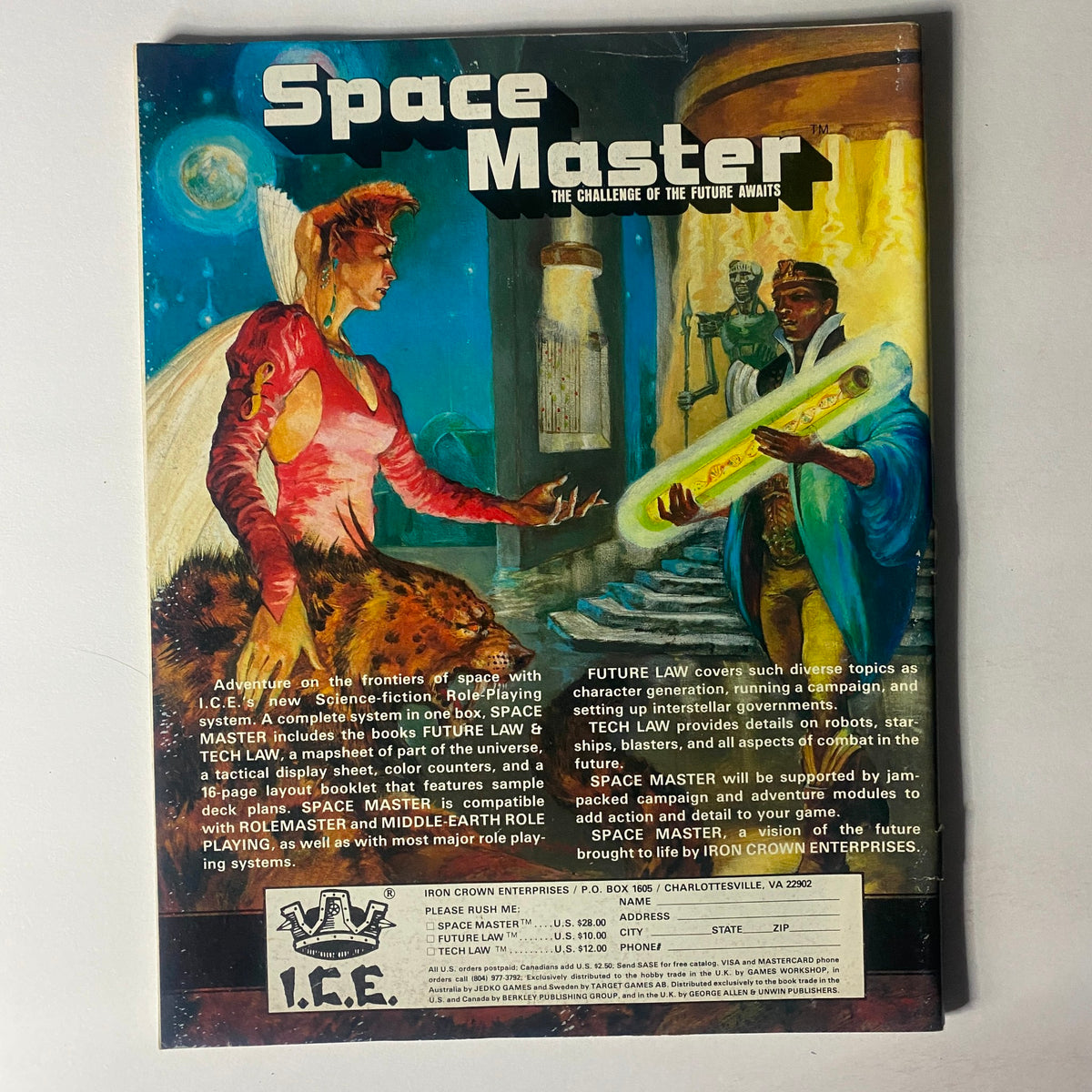 Cover of the Space Master role-playing game product by I.C.E., featuring vibrant artwork depicting a fantasy setting with characters engaged in a sci-fi adventure. This image is part of the VTG Dragon Magazine October 1985 #102 The Pillage of Tantlin collection, showcasing the creativity of 1980s tabletop gaming culture.