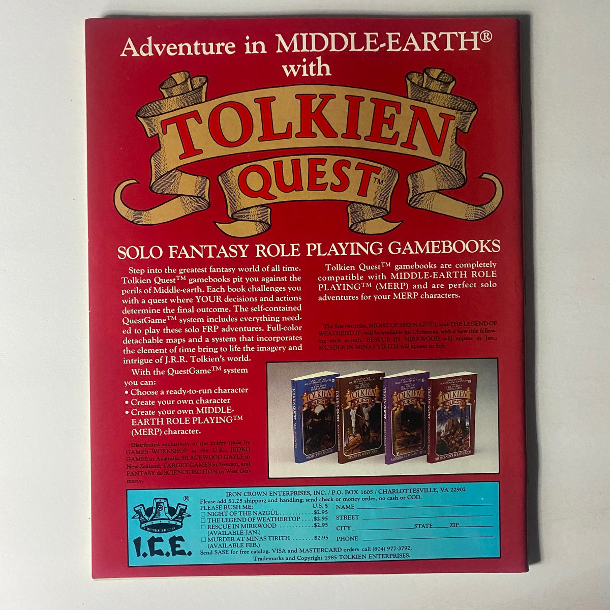 Back cover of Dragon Magazine November 1985 Issue #103 advertising Tolkien Quest solo fantasy role-playing gamebooks.