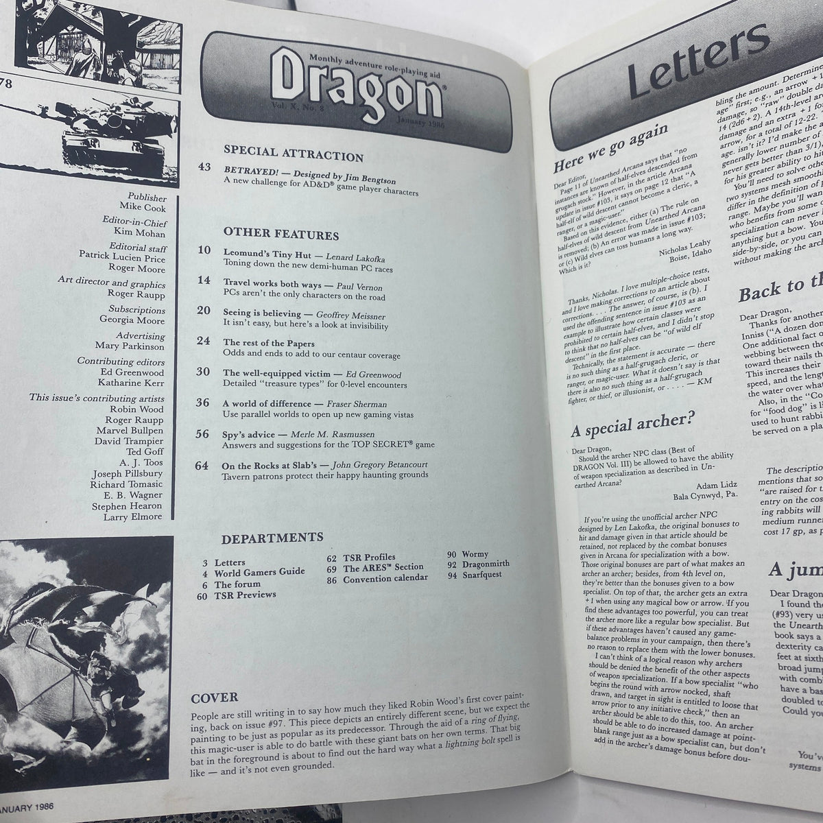 Interior page of VTG Dragon Magazine January 1986 #105, showcasing the contents and features including game adventures and letters section.