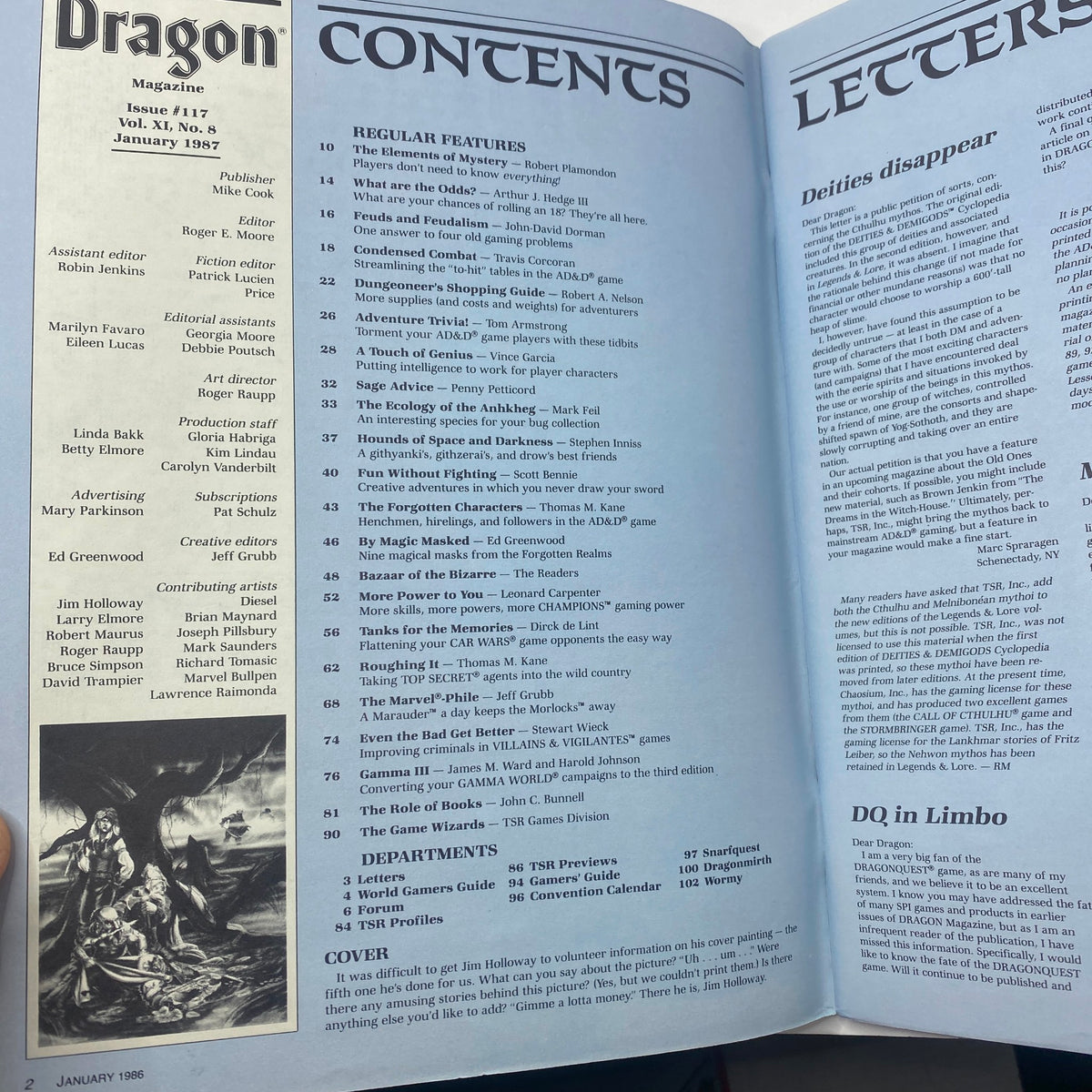 Contents page of VTG Dragon Magazine January 1987 No. 117 featuring list of articles and features with artwork by Jim Holloway.
