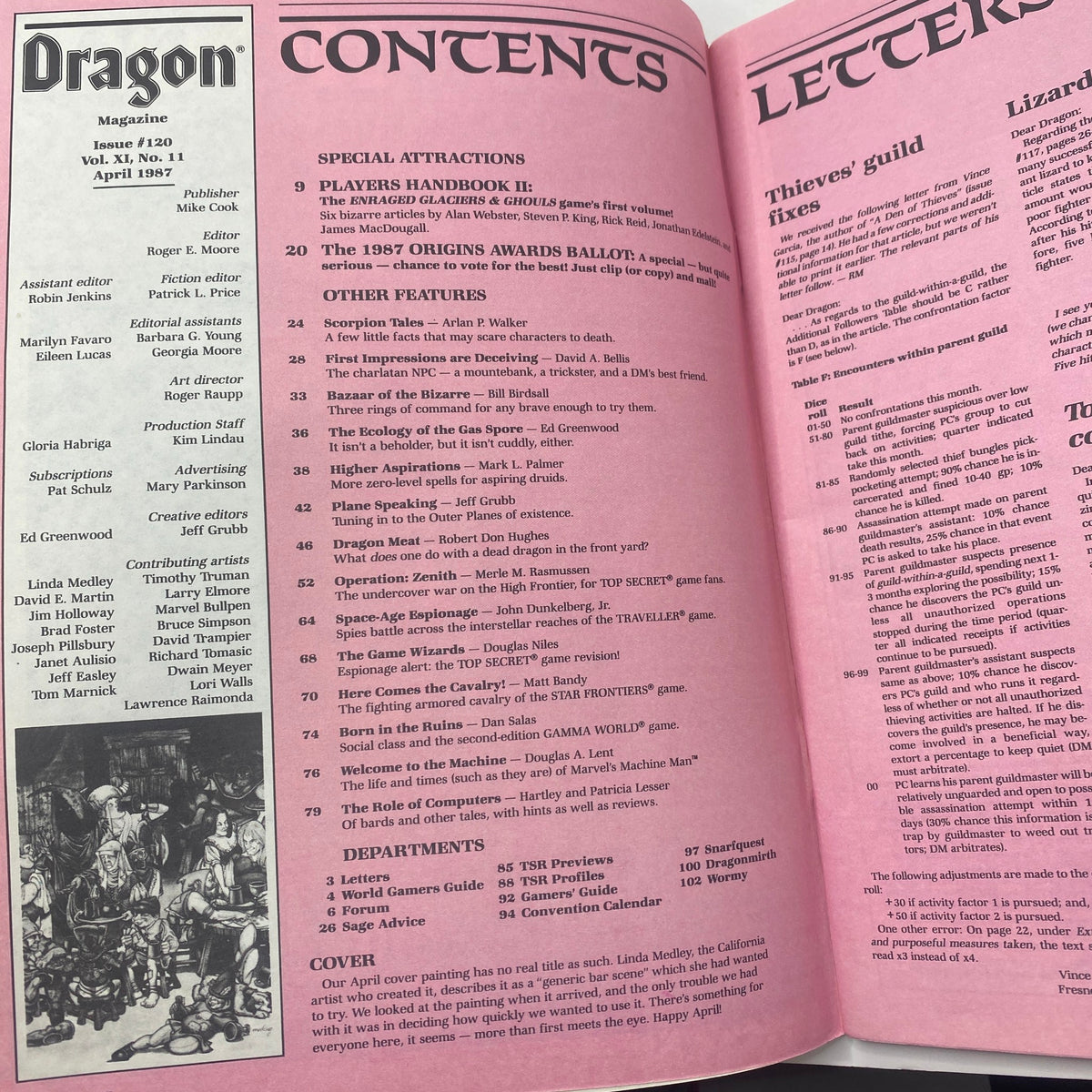 Contents page of VTG Dragon Magazine April 1987 No. 120, detailing features such as Players Handbook II and various articles, highlighting contributions by notable authors including Linda Medley.
