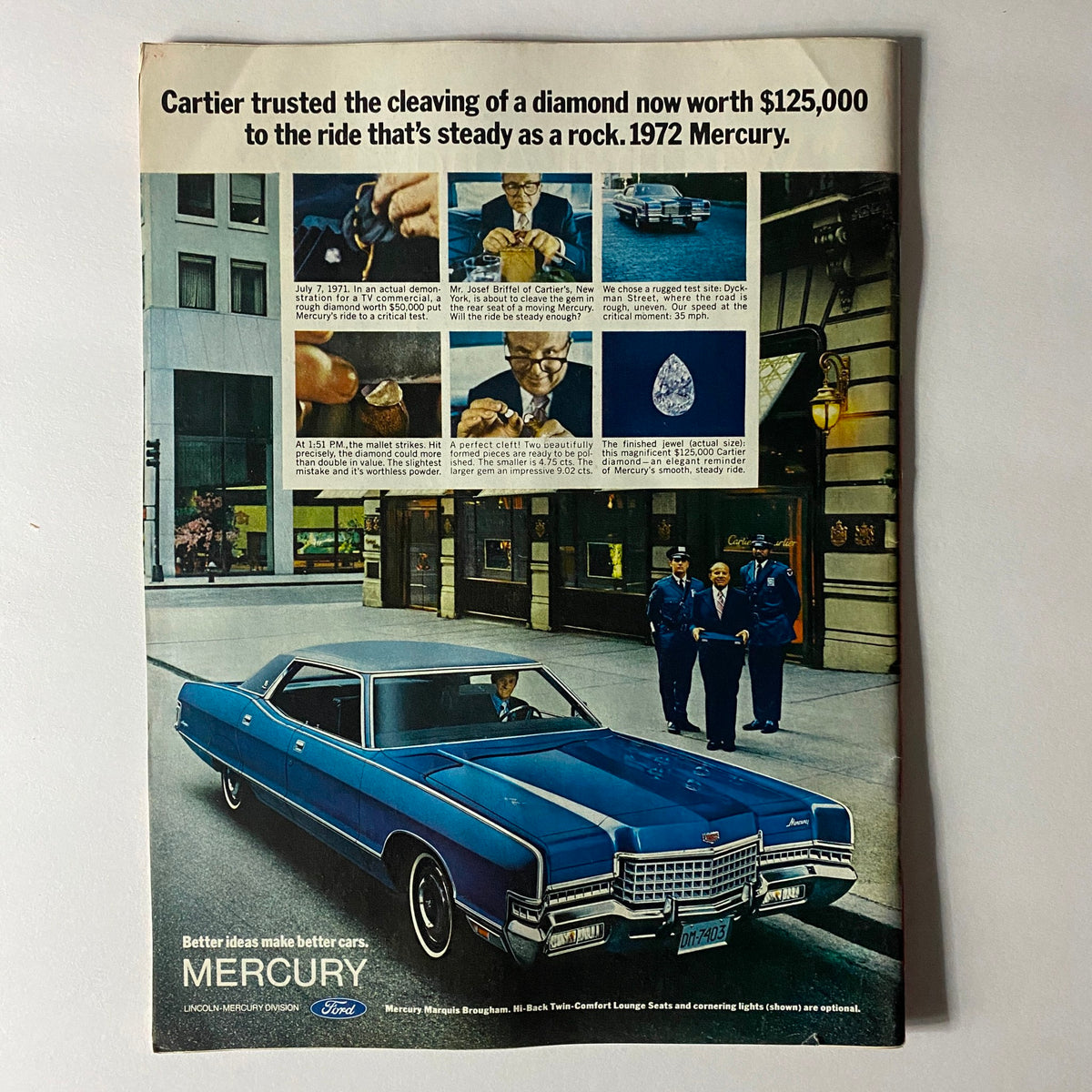 Advertisement for the 1972 Mercury car, showcasing a blue vehicle in front of Cartier's, with a diamond and promotional text, illustrating luxury and quality.