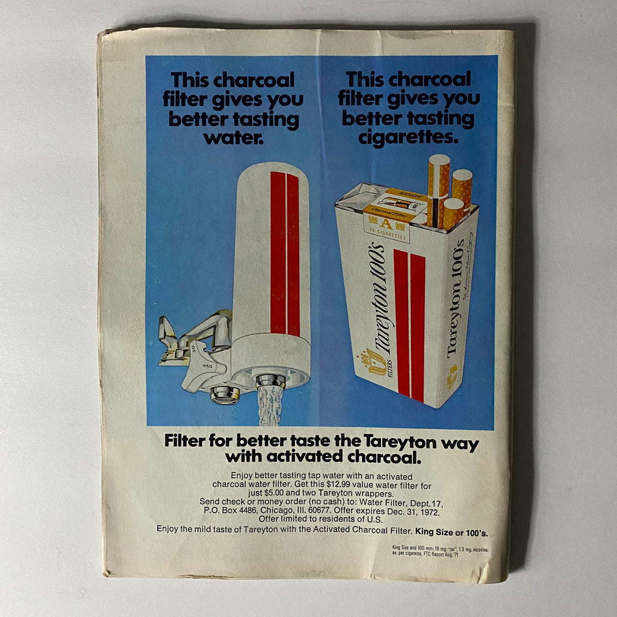 Back cover of VTG Time Magazine May 22 1972 showcasing an advertisement for Tareyton cigarettes and charcoal water filter.