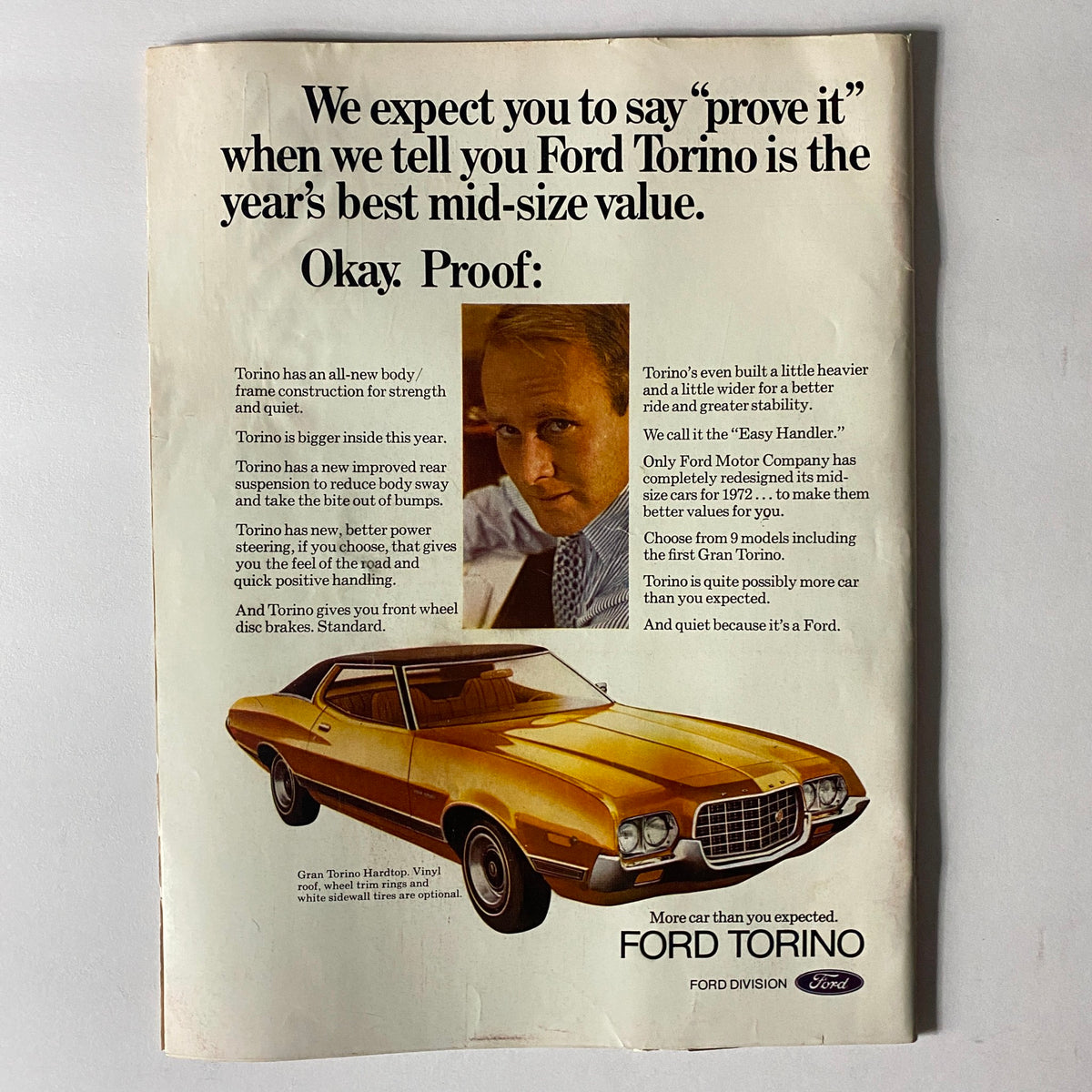 Vintage Ford Torino advertisement promoting the 1972 model with a focus on its features, including improved construction, handling, and overall value.