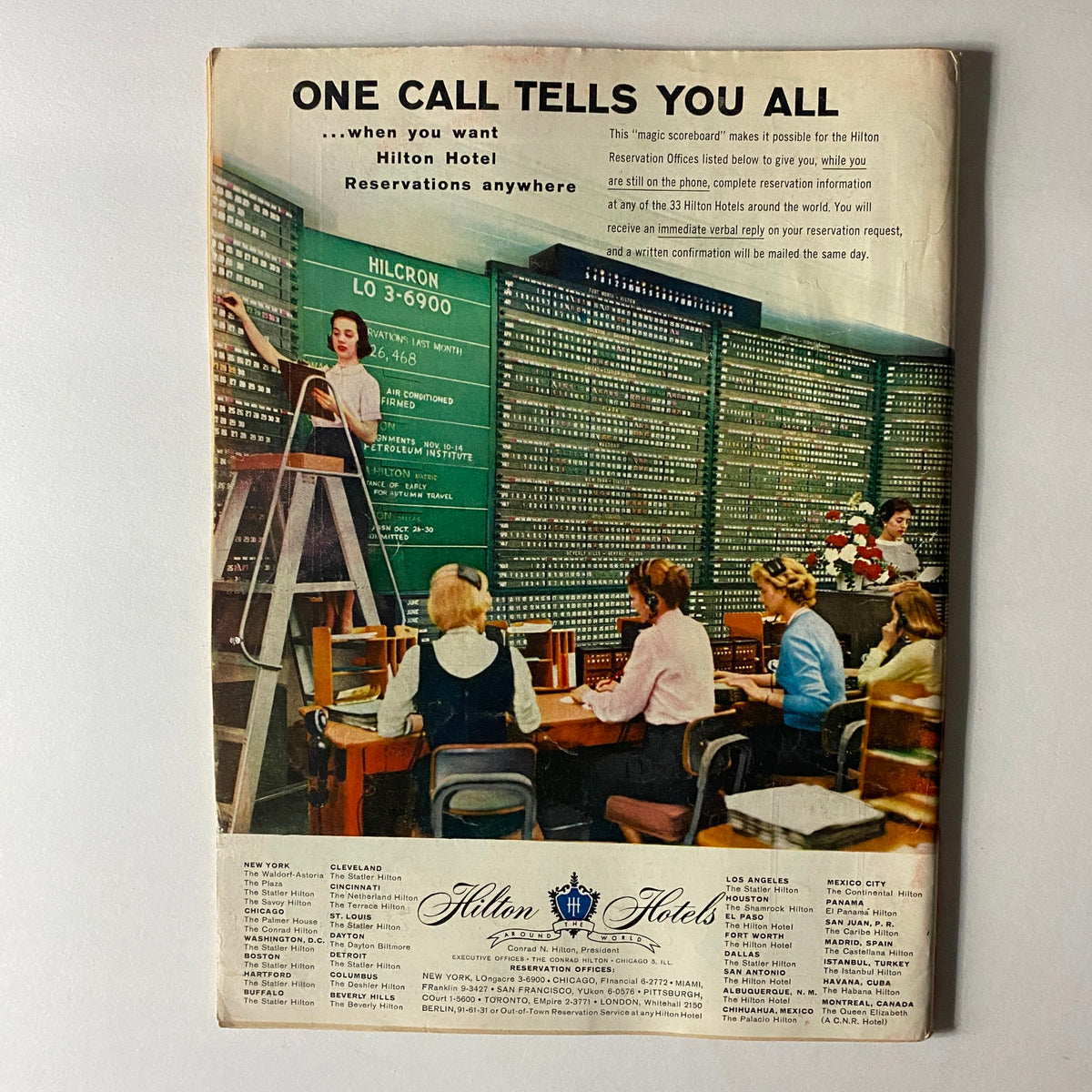 Back cover of a vintage Time Magazine from October 6, 1958, showcasing an advertisement for Hilton Hotels reservations with a vintage setting.