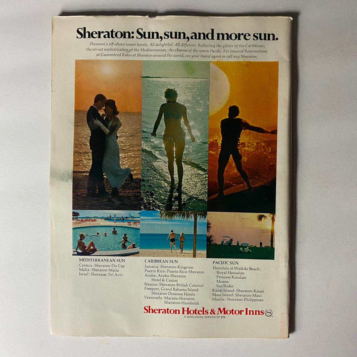 Vintage advertisement for Sheraton Hotels showcasing beach destinations with the title 'Sheraton: Sun, sun, and more sun.' This illustration highlights Mediterranean, Caribbean, and Pacific sun locations, reflecting travel luxury and leisure.