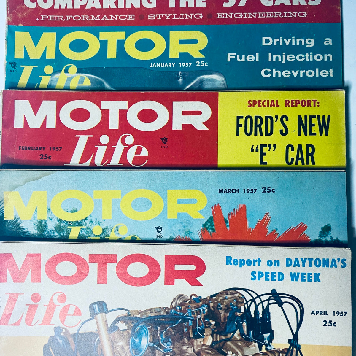 Cover images of Motor Life Magazine from January to April 1957. Features include a performance styling engineering comparison, a report on fuel injection, and a special report on Ford's new 'E' car.