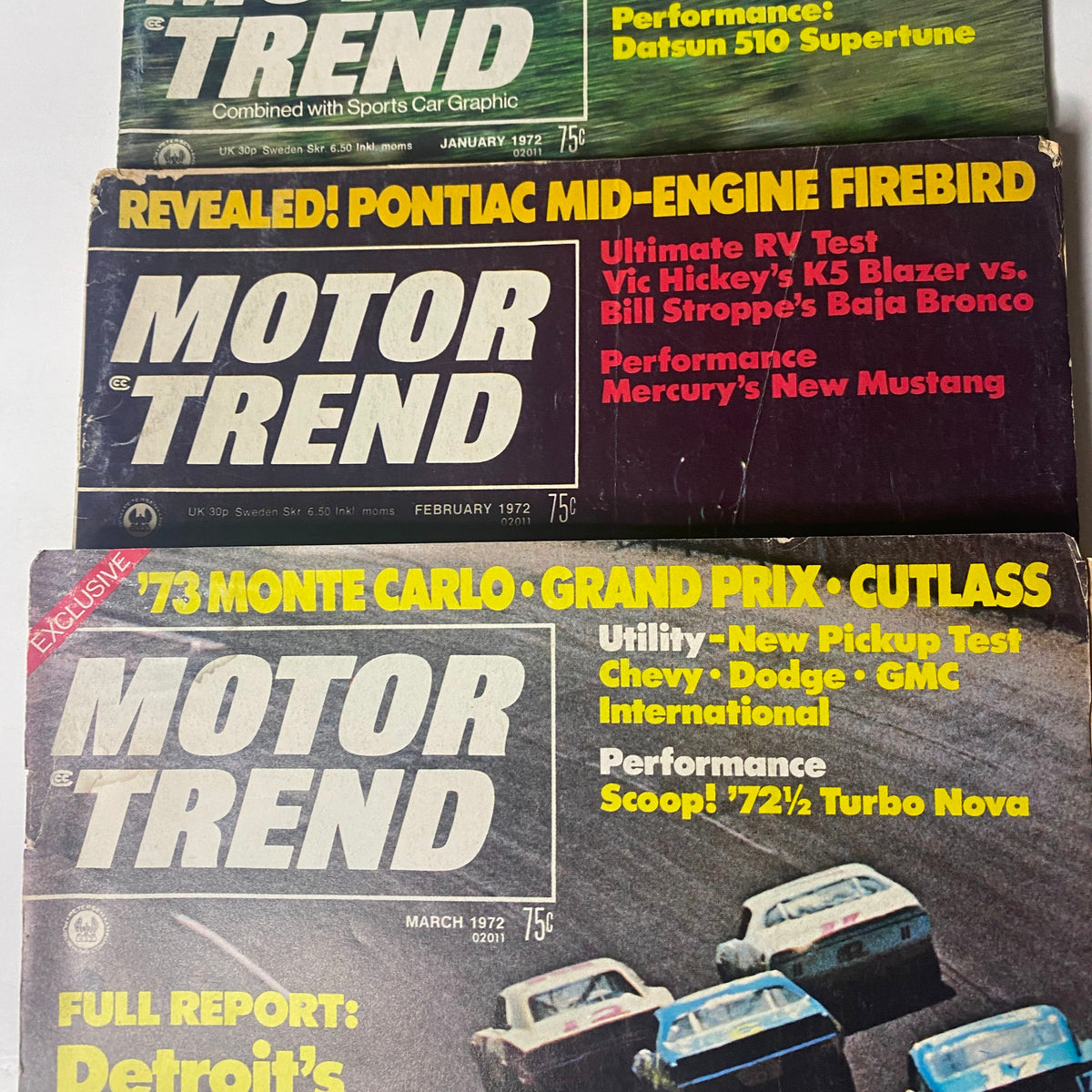 Lot of 5 Motor Trend Magazine 1972 January - May showcasing automotive features including Pontiac Firebird, Monte Carlo, Grand Prix, and performance vehicles.