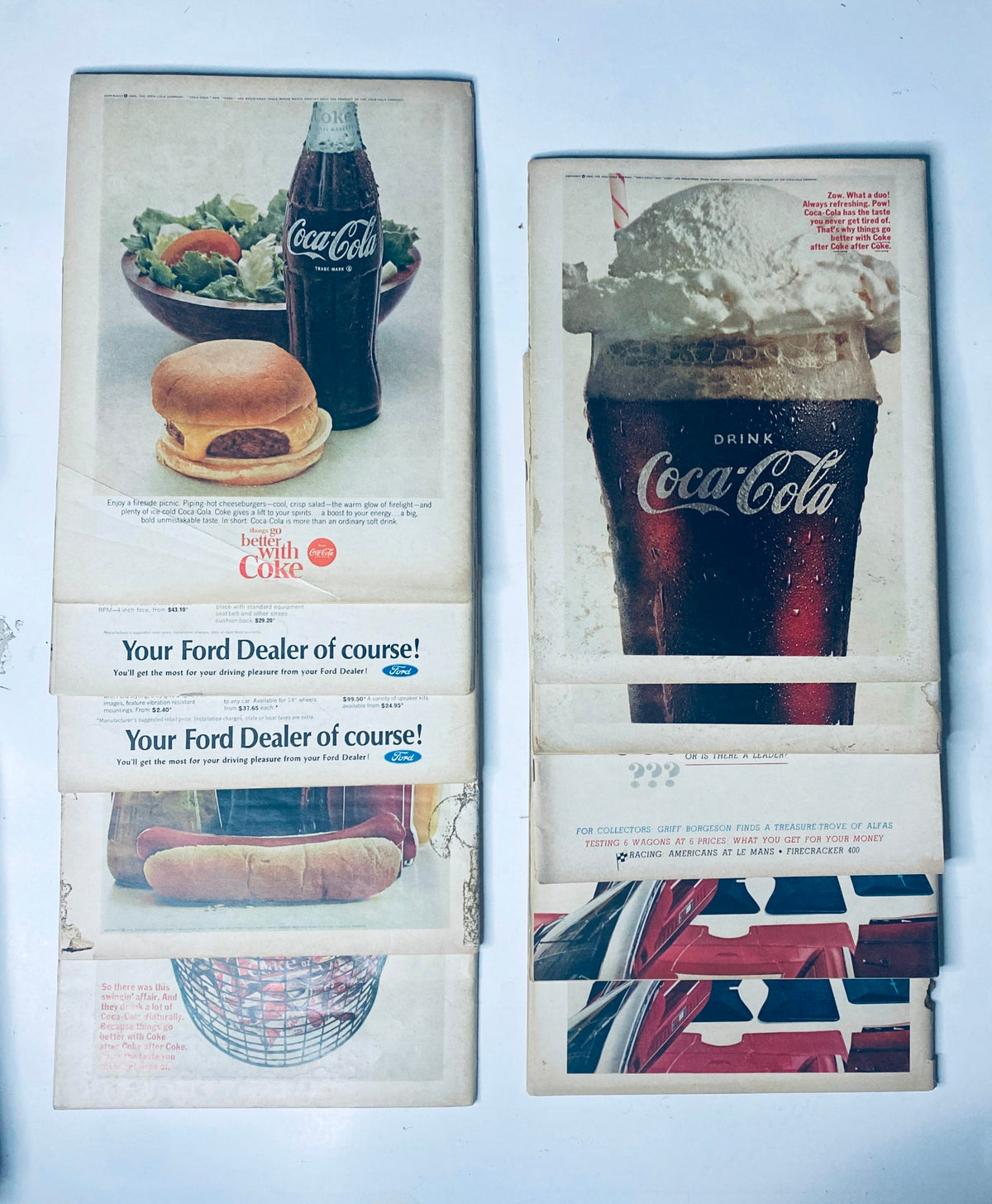Coca-Cola advertisements featuring food and beverages found in the Motor Trend Magazine, highlighting the classic American dining experience. Part of the lot of 10 Motor Trend Magazine issues from 1966.