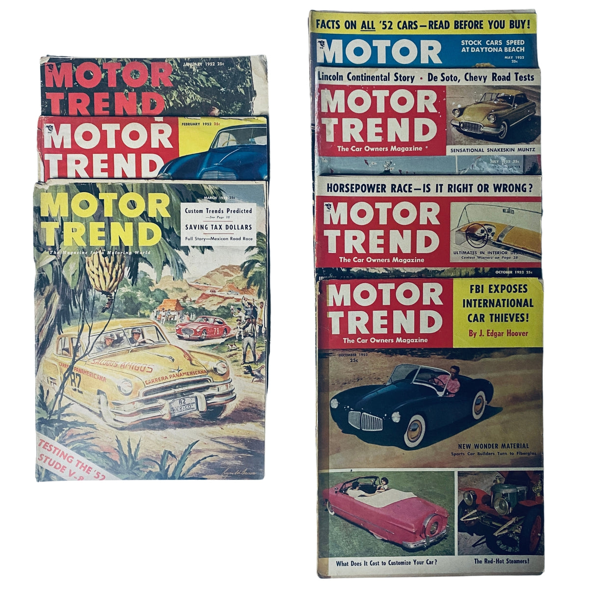 Lot of 7 Motor Trend Magazines from 1952 including January, February, March, May, July, October, December showcasing classic automotive features and reviews.
